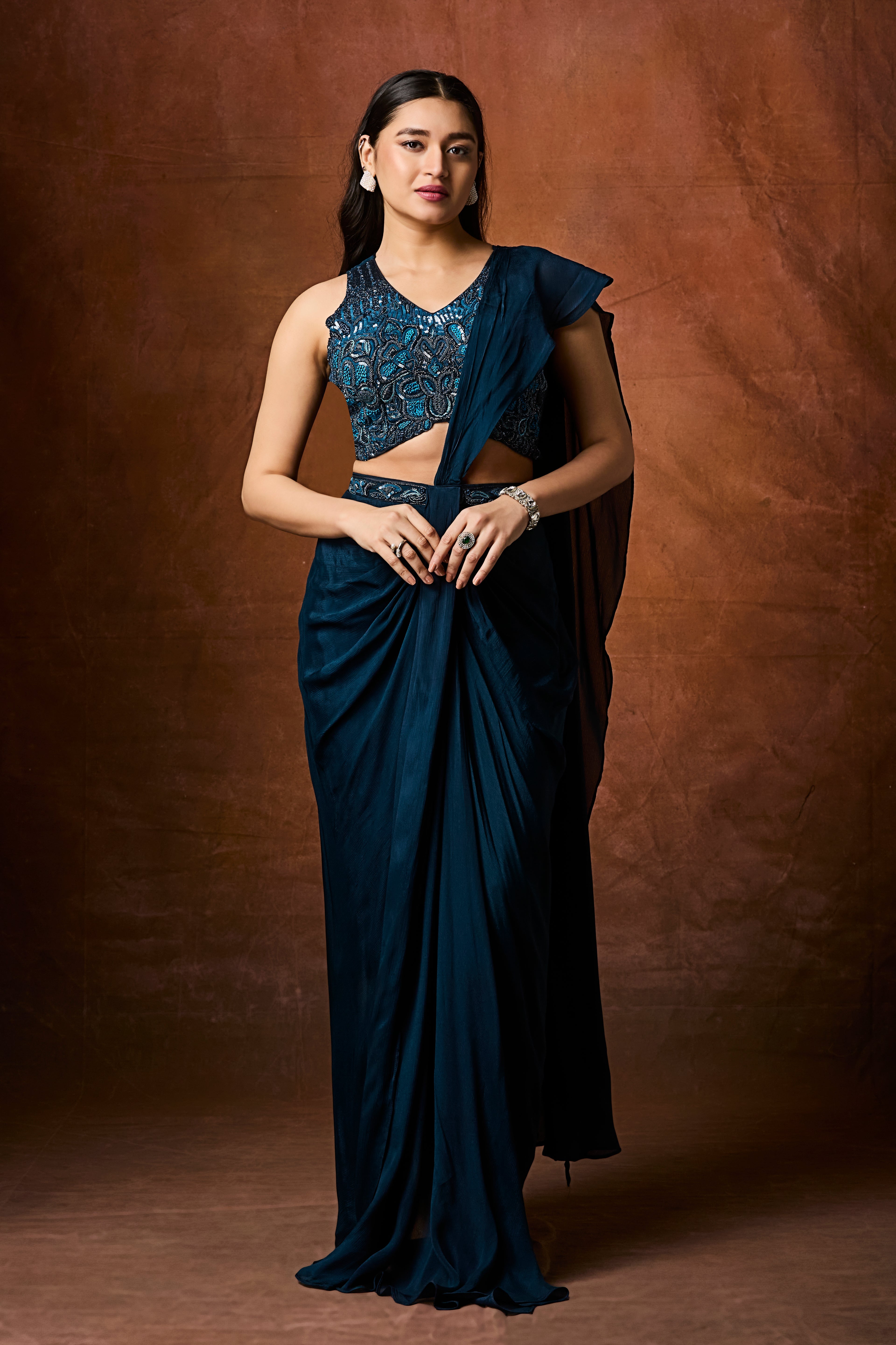 Deep Teal Blue Embellished Chinon Silk Drape Saree