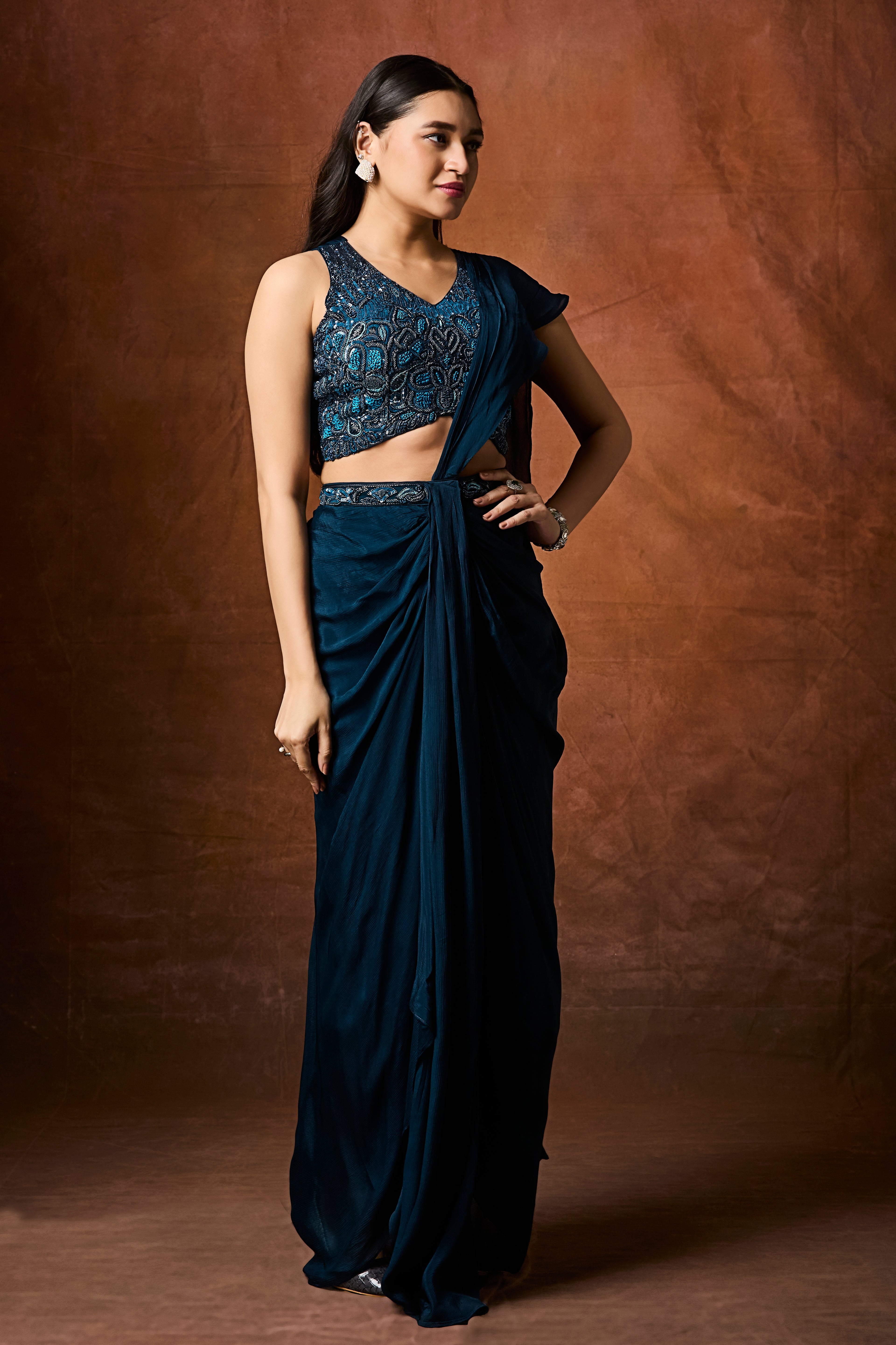 Deep Teal Blue Embellished Chinon Silk Drape Saree