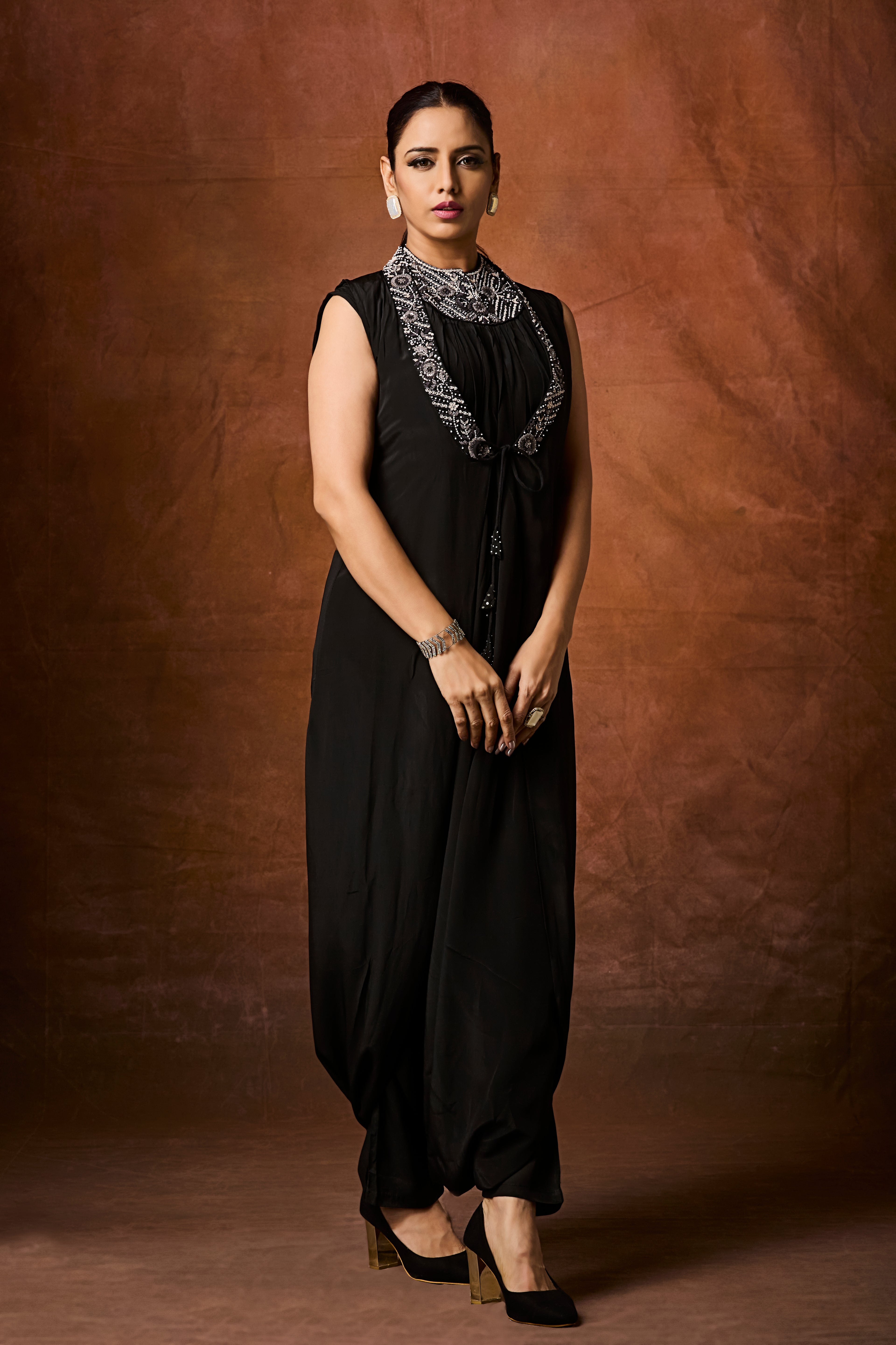 Rich Black Embellished Chinon Silk Cowl Dress
