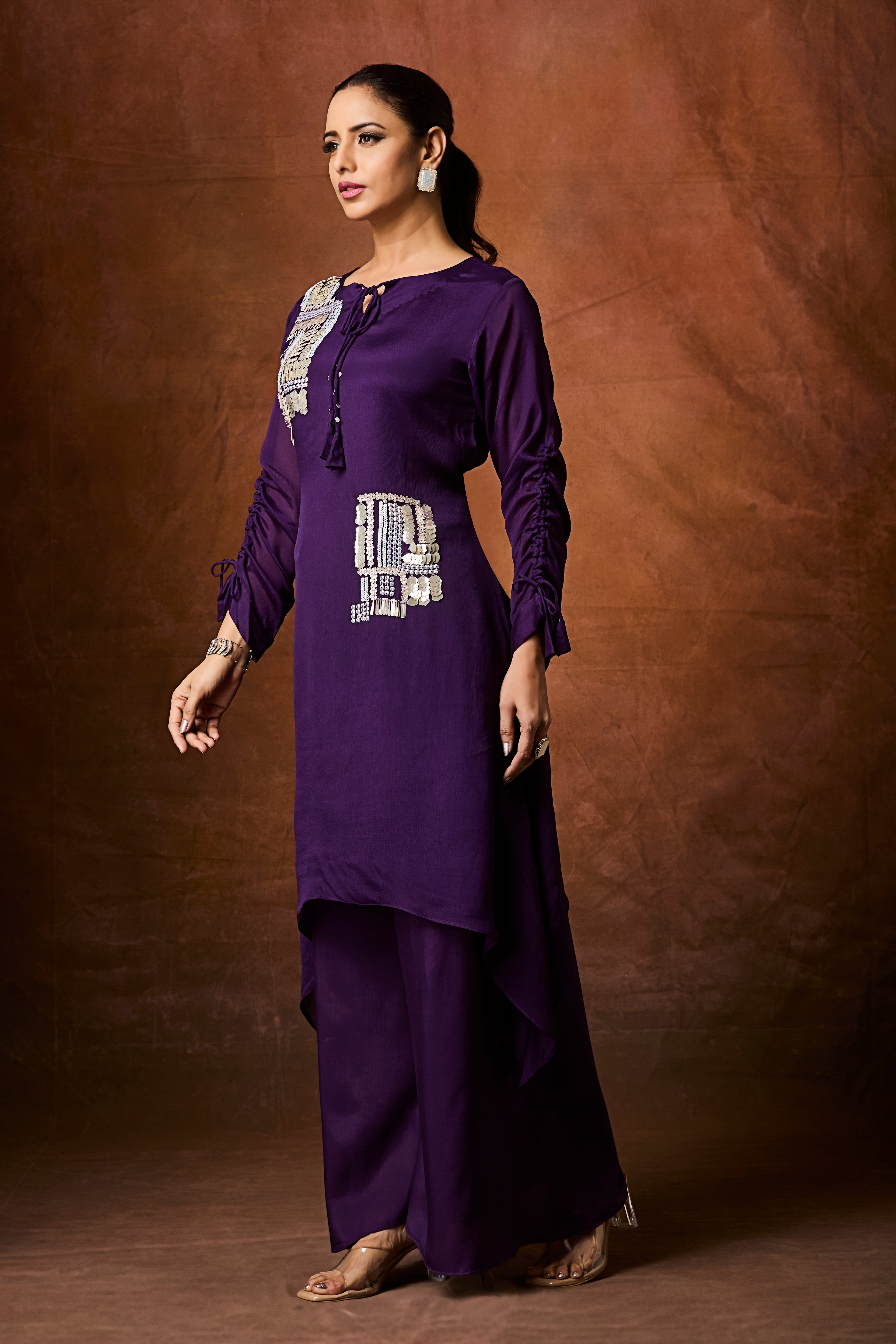 Dark Purple Embellished Chinon Silk Palazzo Set