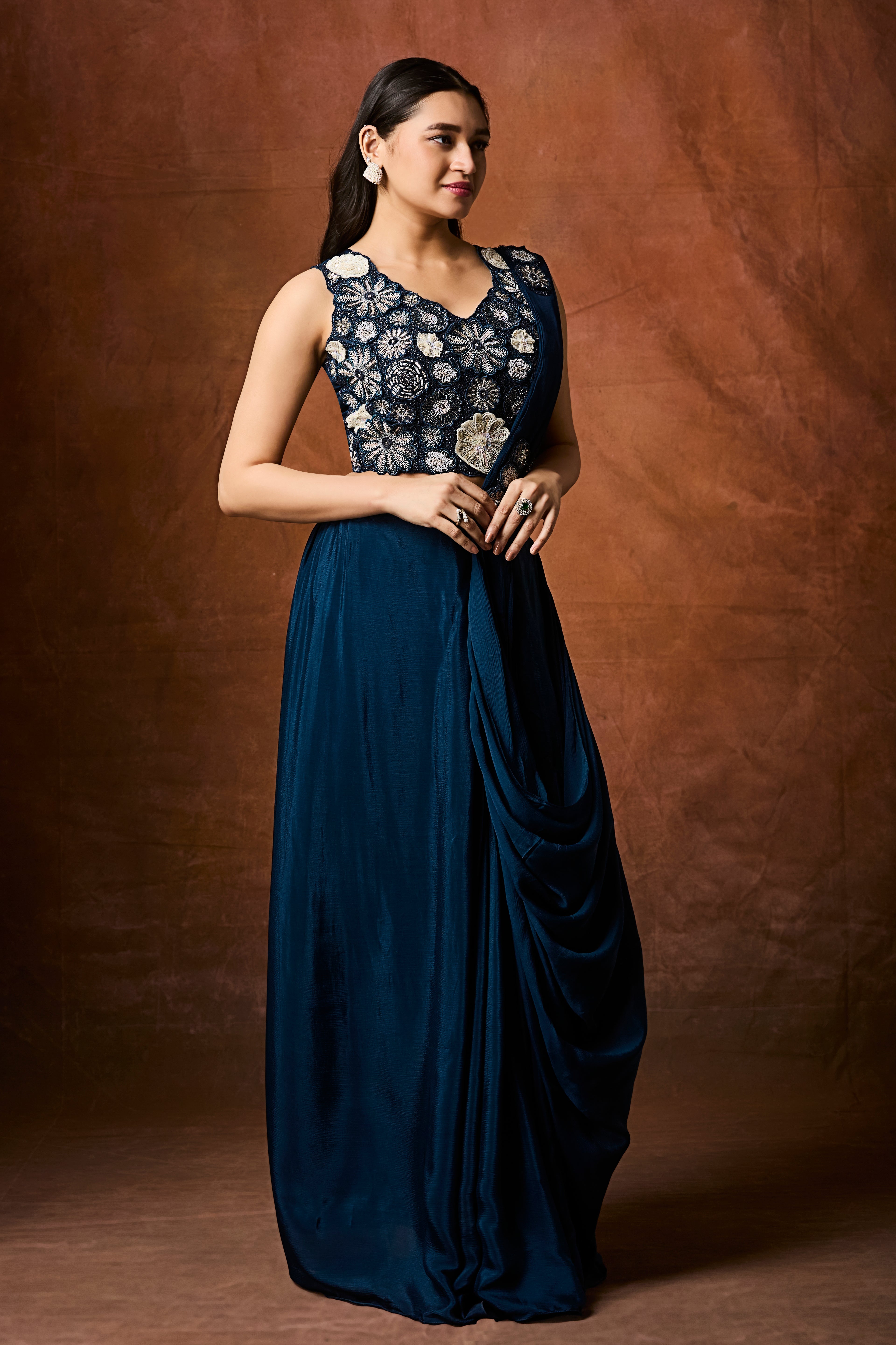 Deep Teal Embellished Chinon Silk Drape Saree