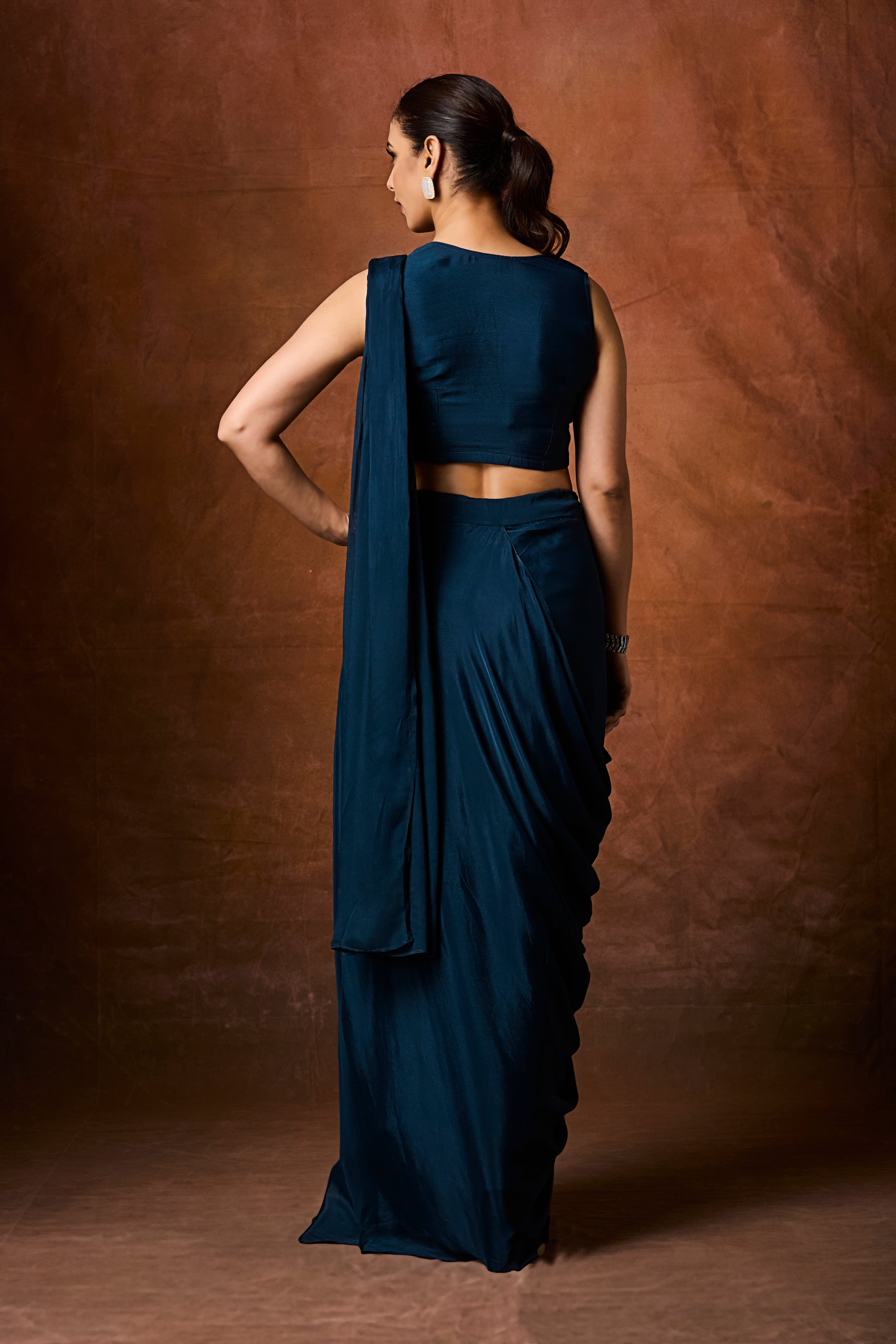 Navy Teal Embellished Crepe Silk Drape Saree