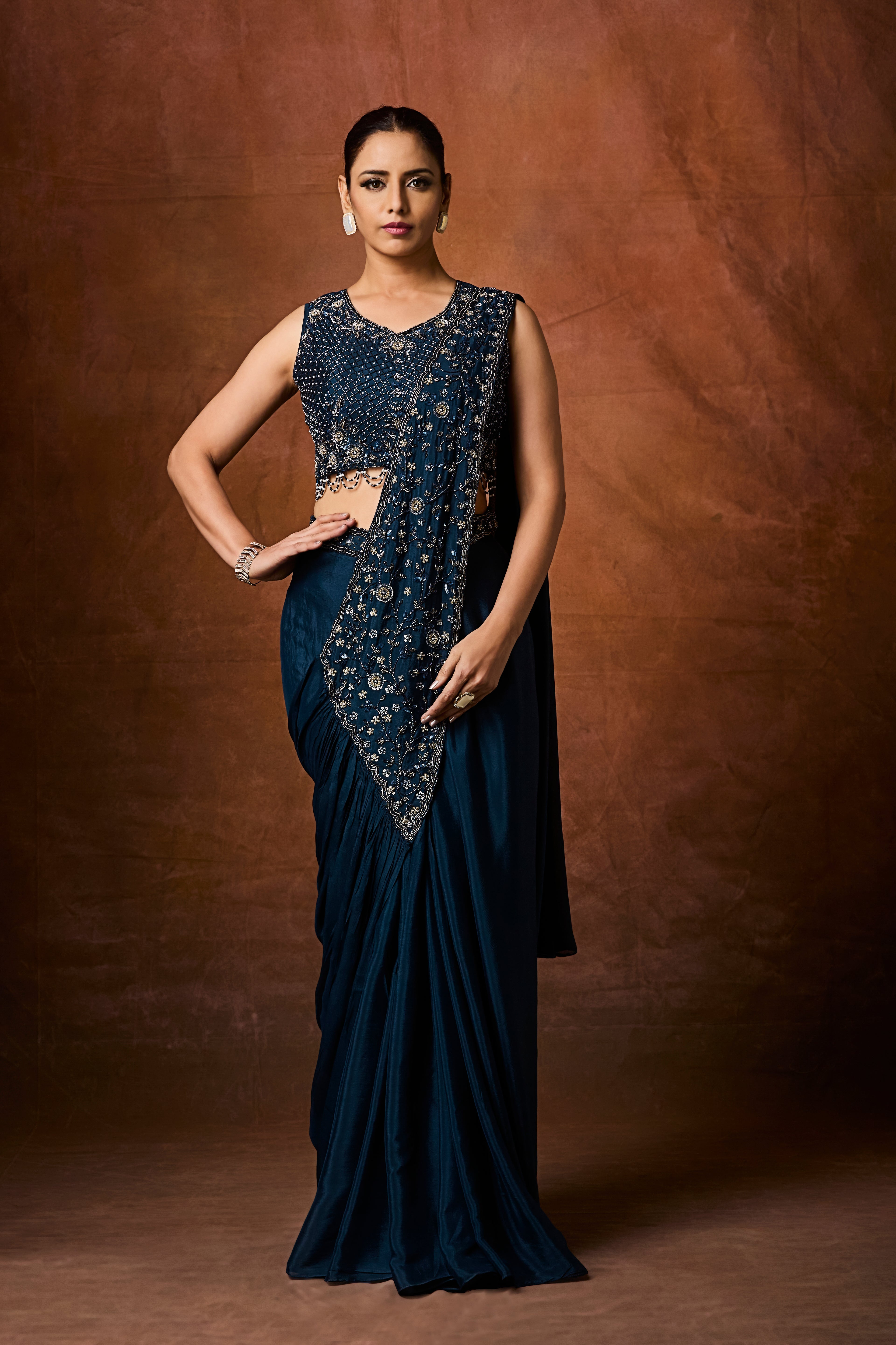 Navy Teal Embellished Crepe Silk Drape Saree