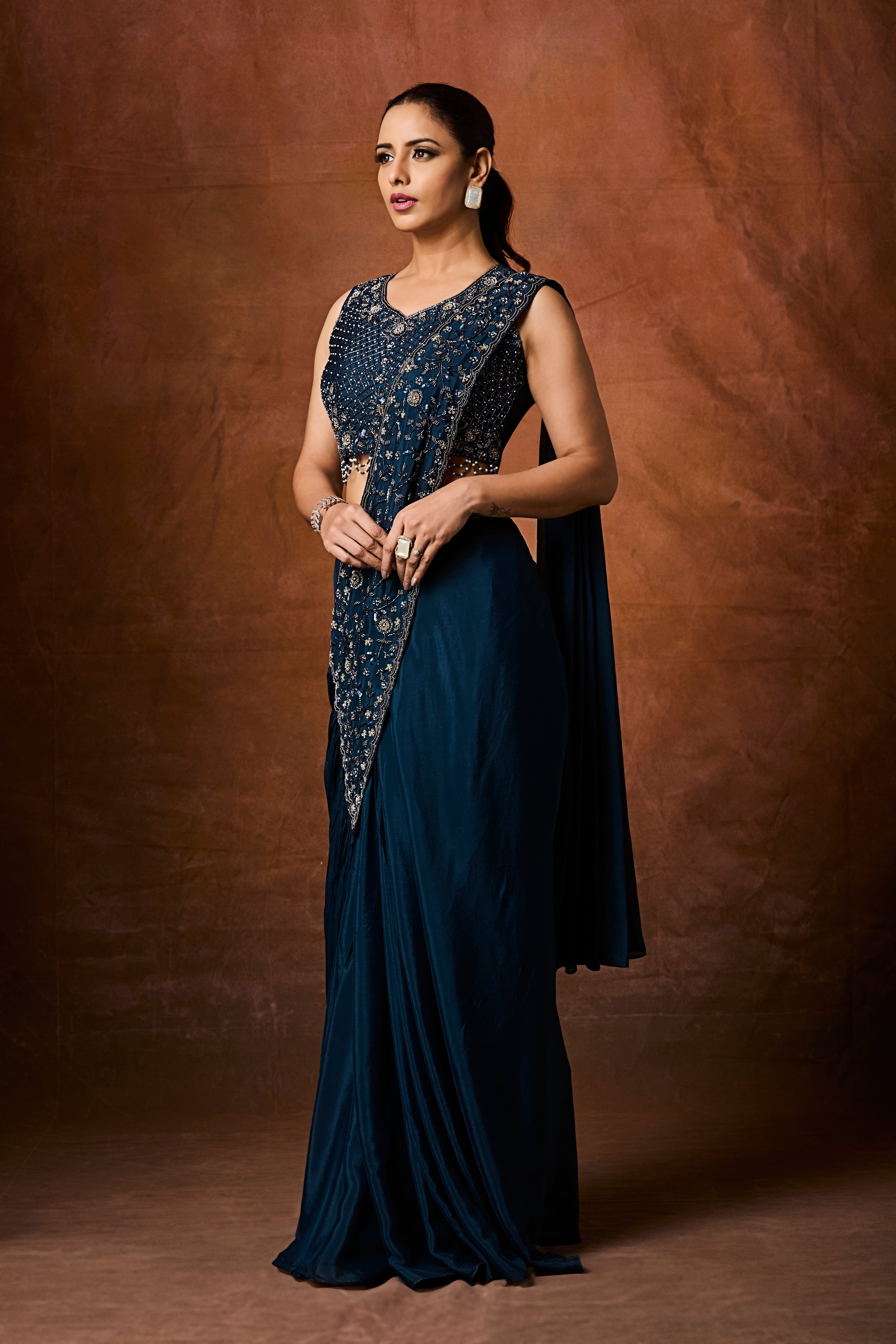 Navy Teal Embellished Crepe Silk Drape Saree