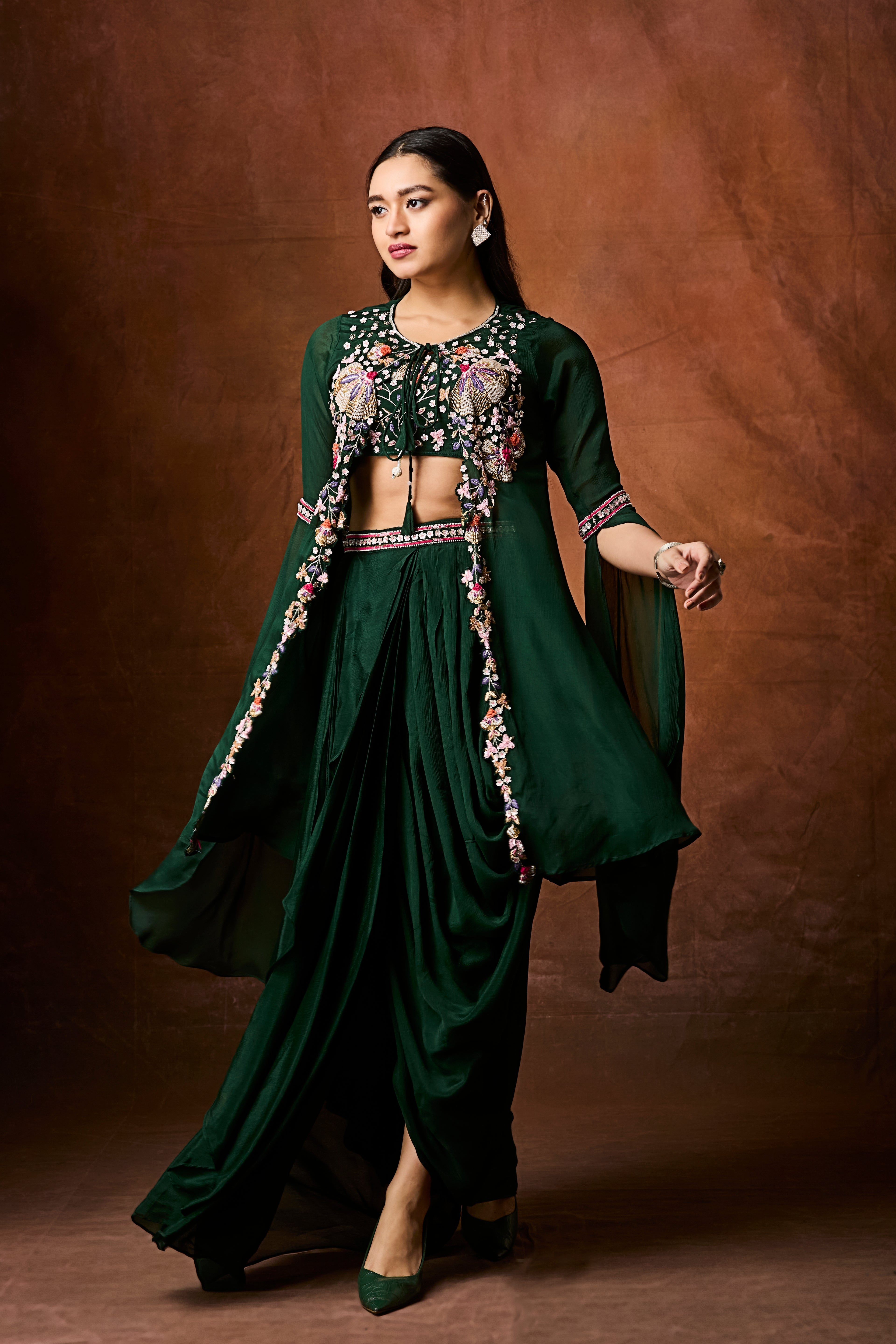 Emerald Green Embellished Chinon Silk Drape Skirt Set