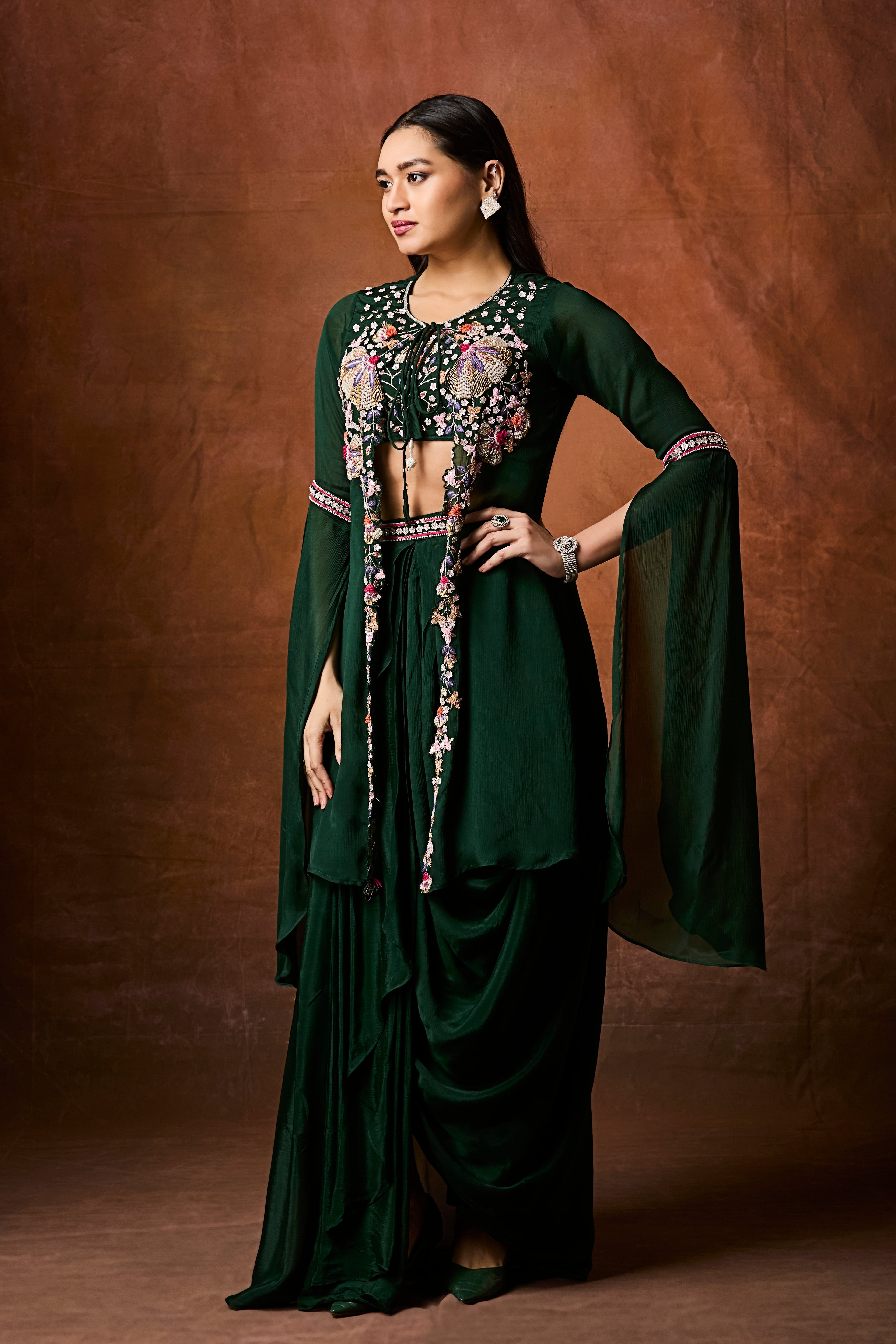 Emerald Green Embellished Chinon Silk Drape Skirt Set