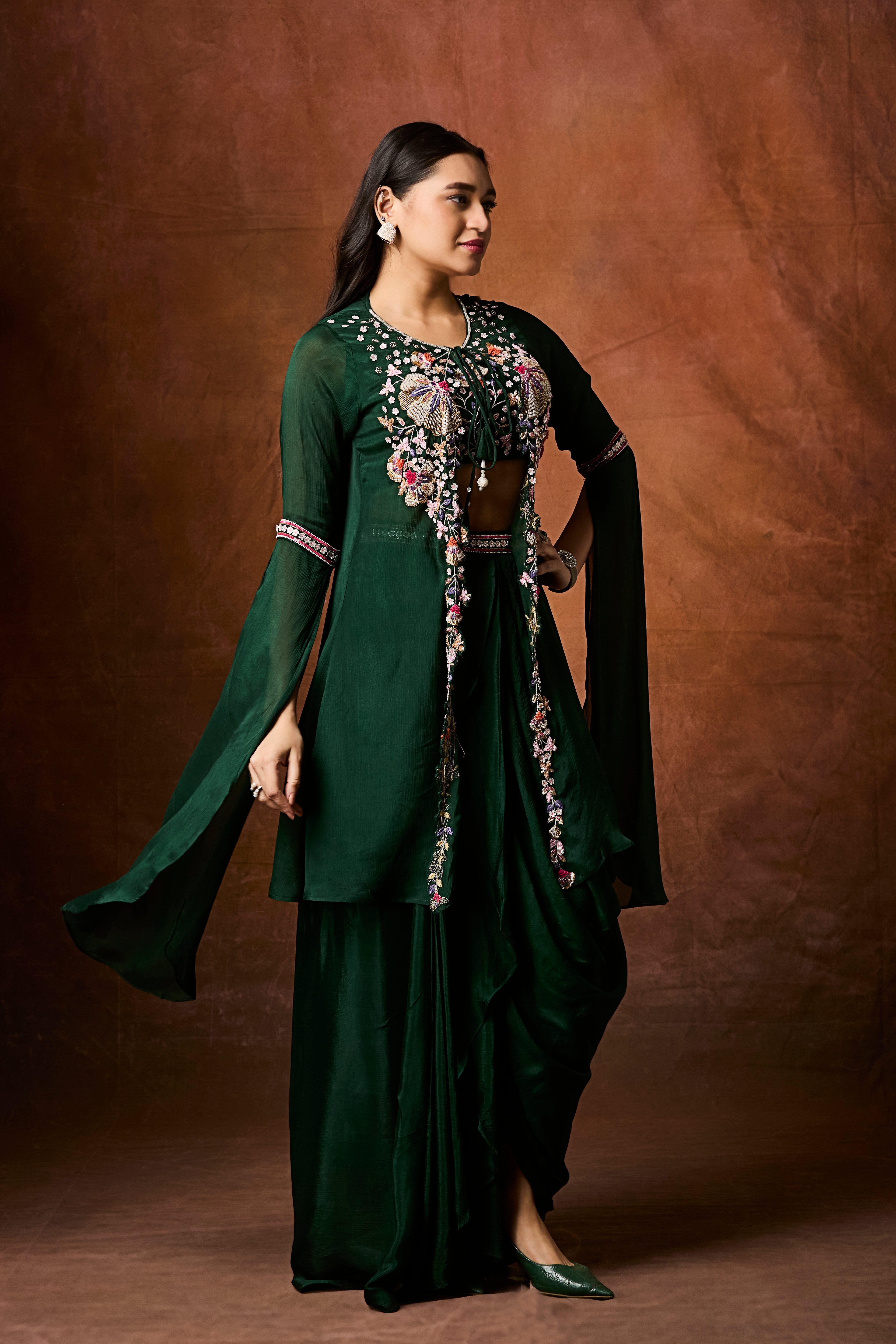 Emerald Green Embellished Chinon Silk Drape Skirt Set