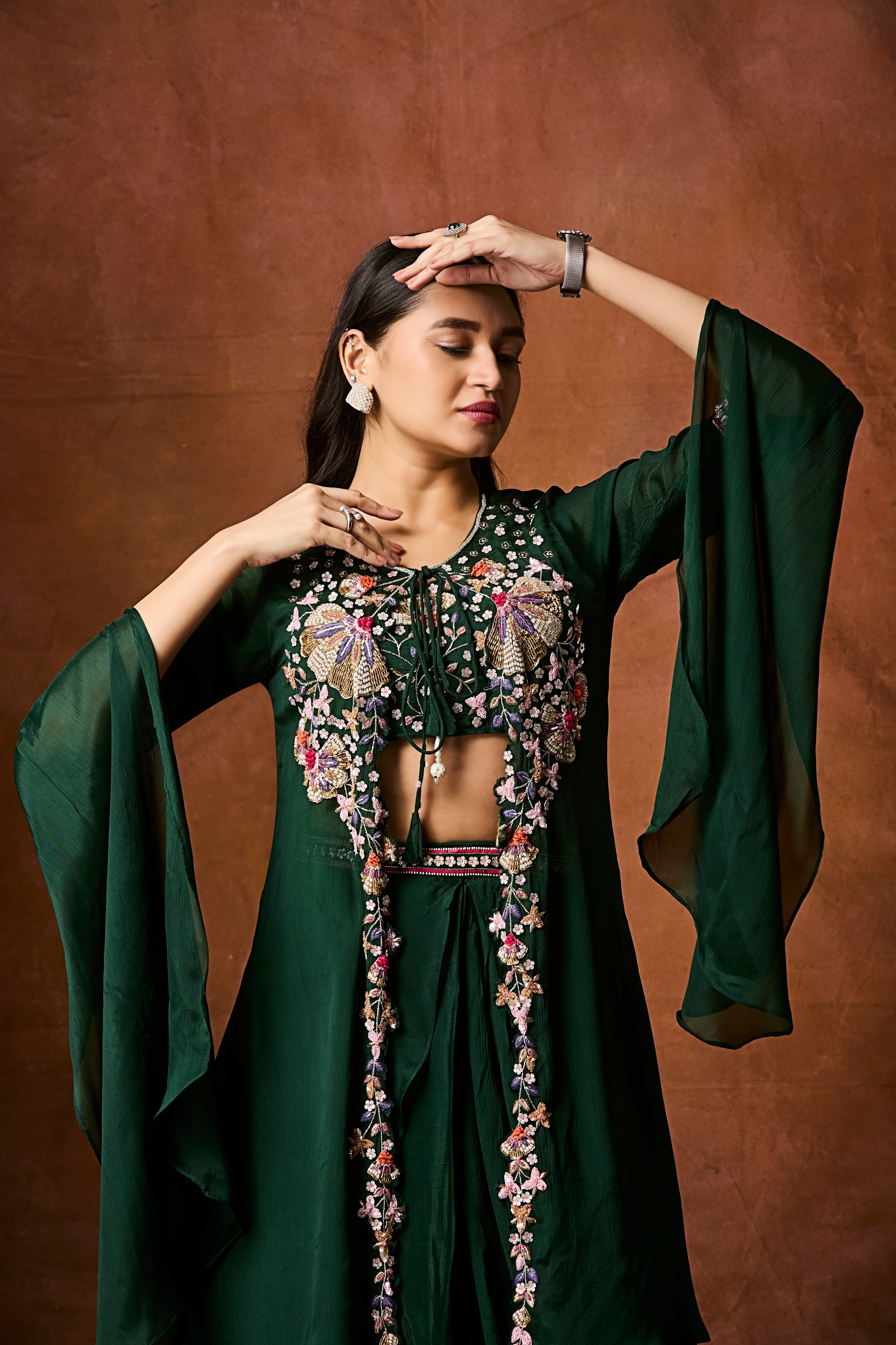 Emerald Green Embellished Chinon Silk Drape Skirt Set