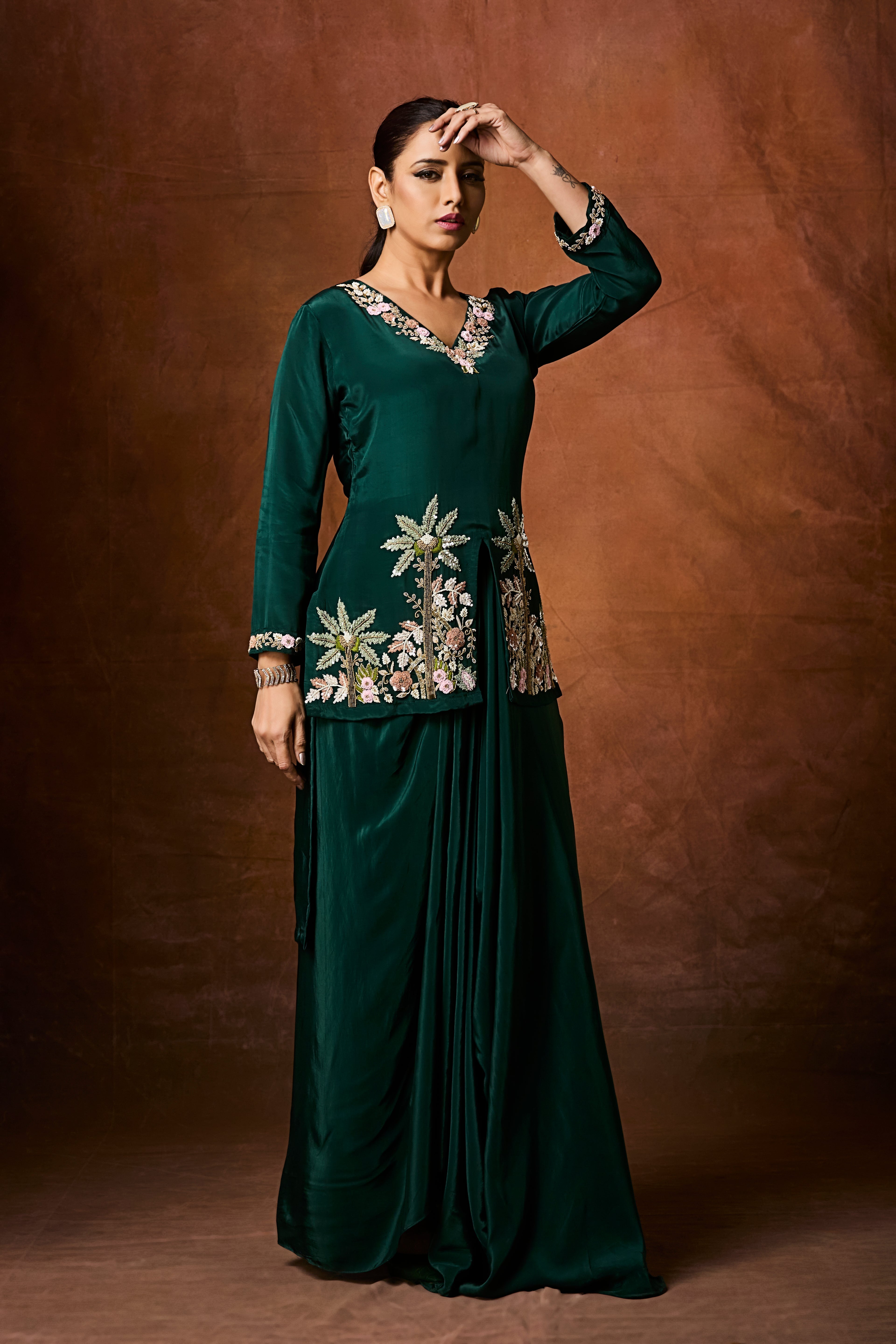 Forest Green Embellished Crepe Silk Skirt Set