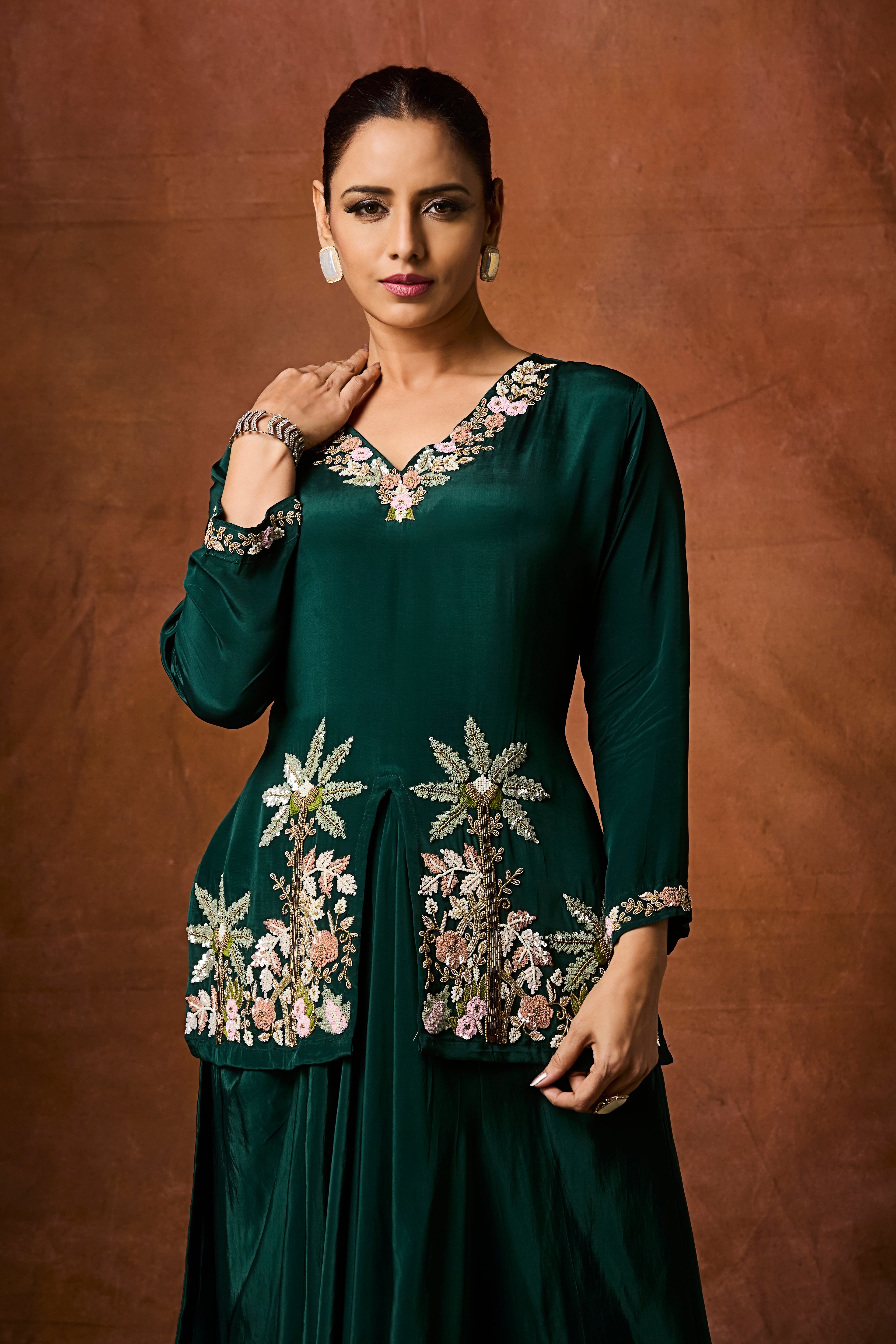 Forest Green Embellished Crepe Silk Skirt Set