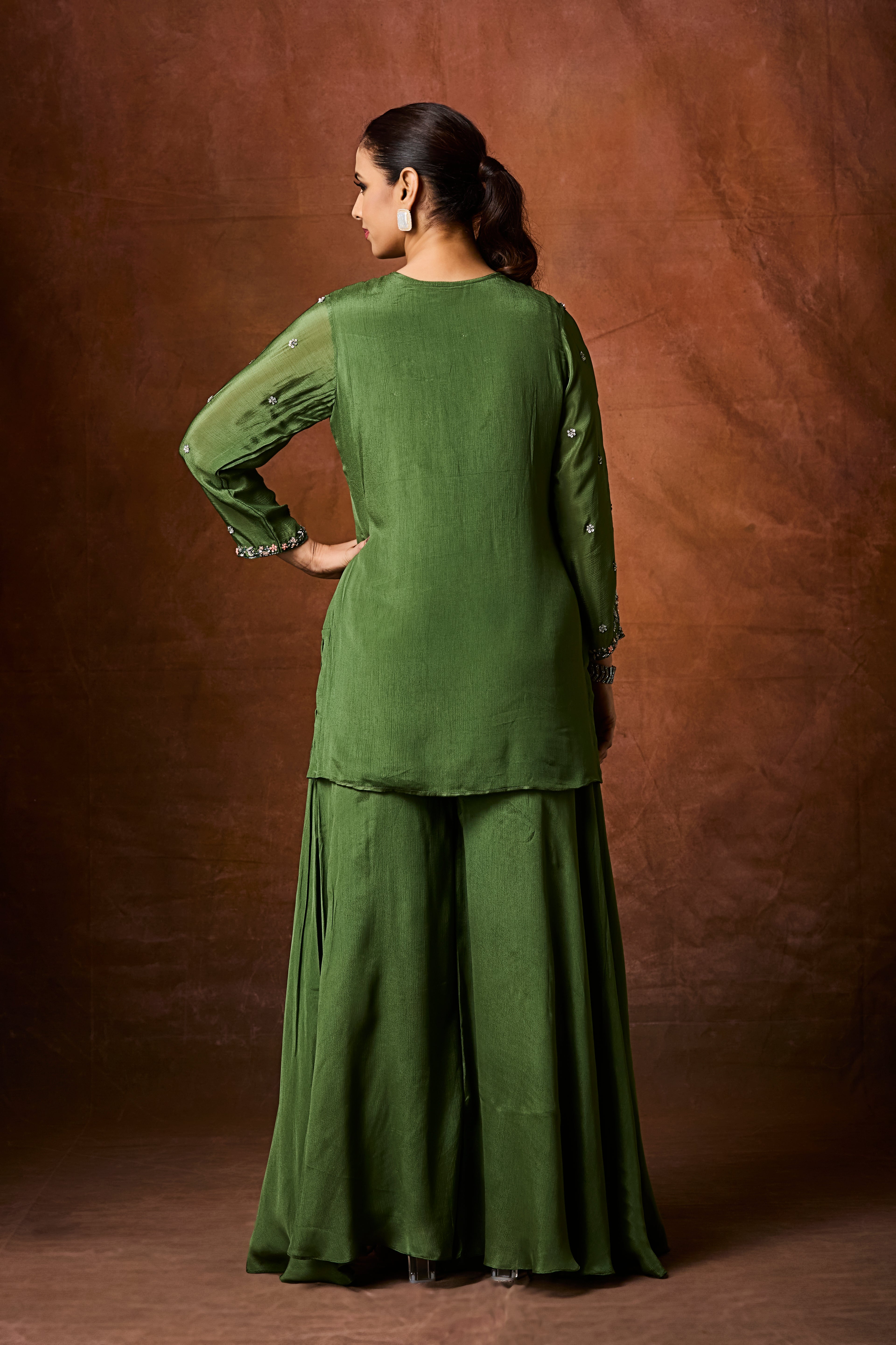 Forest Green Embellished Chinon Silk Palazzo Set
