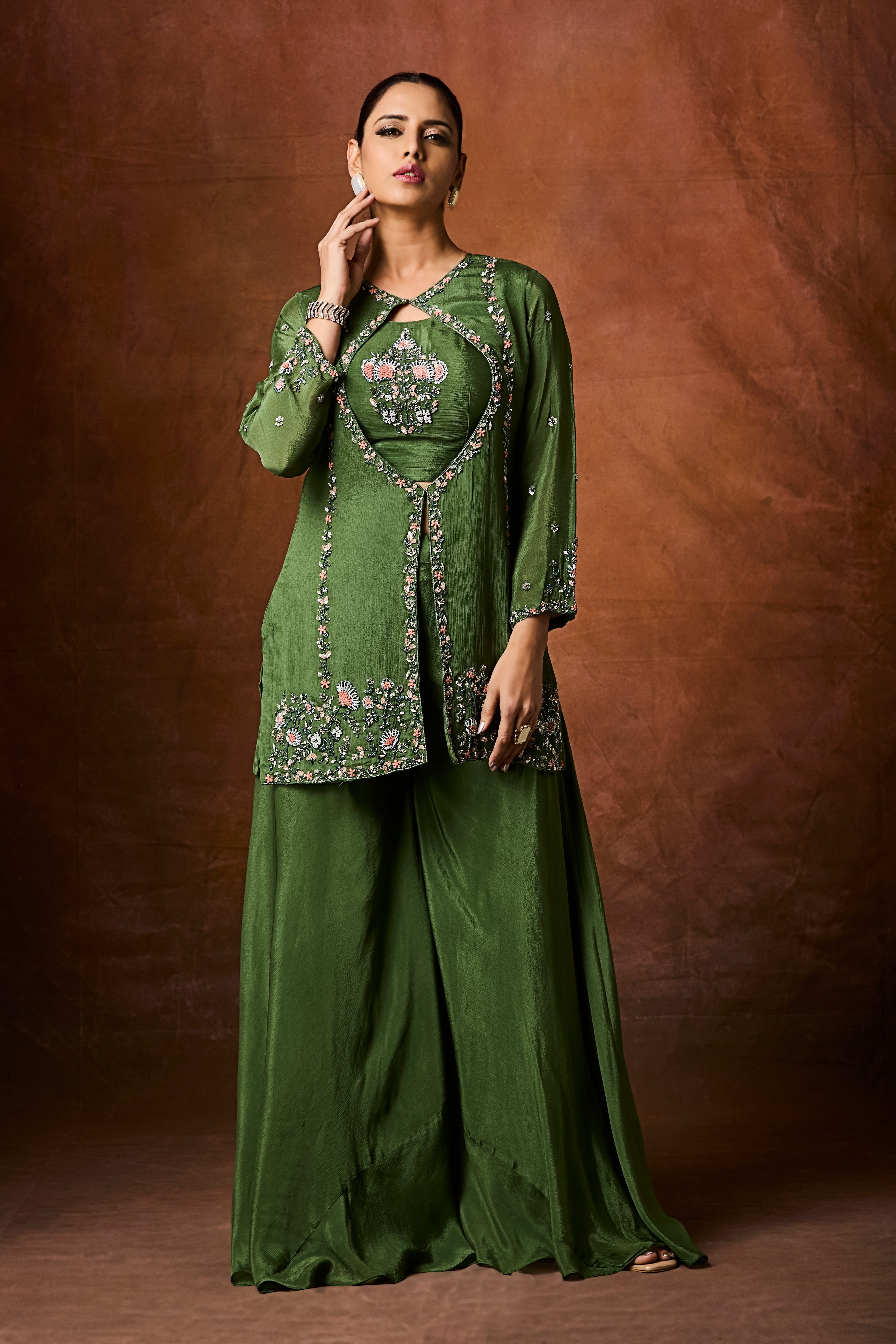 Forest Green Embellished Chinon Silk Palazzo Set