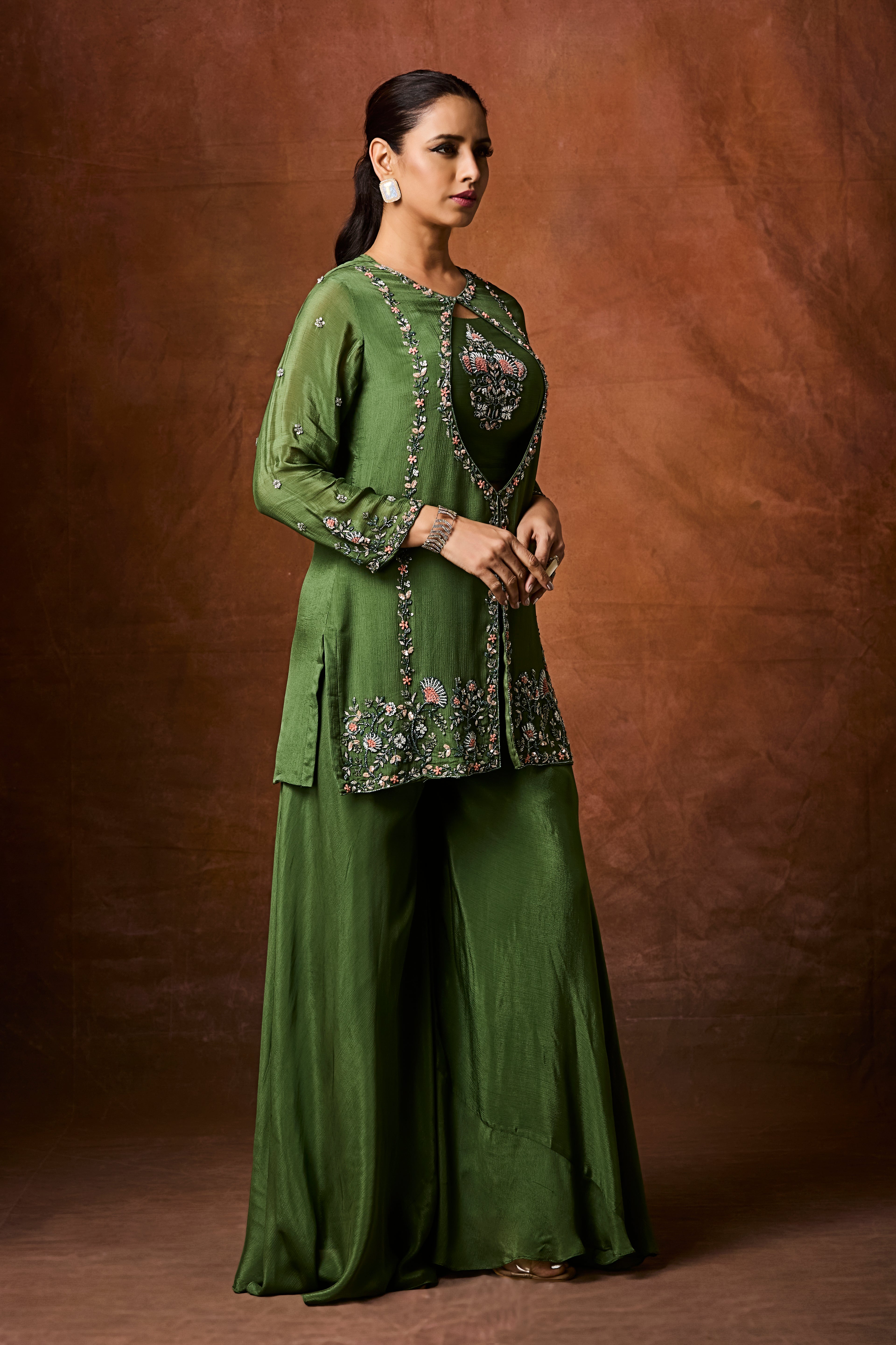 Forest Green Embellished Chinon Silk Palazzo Set