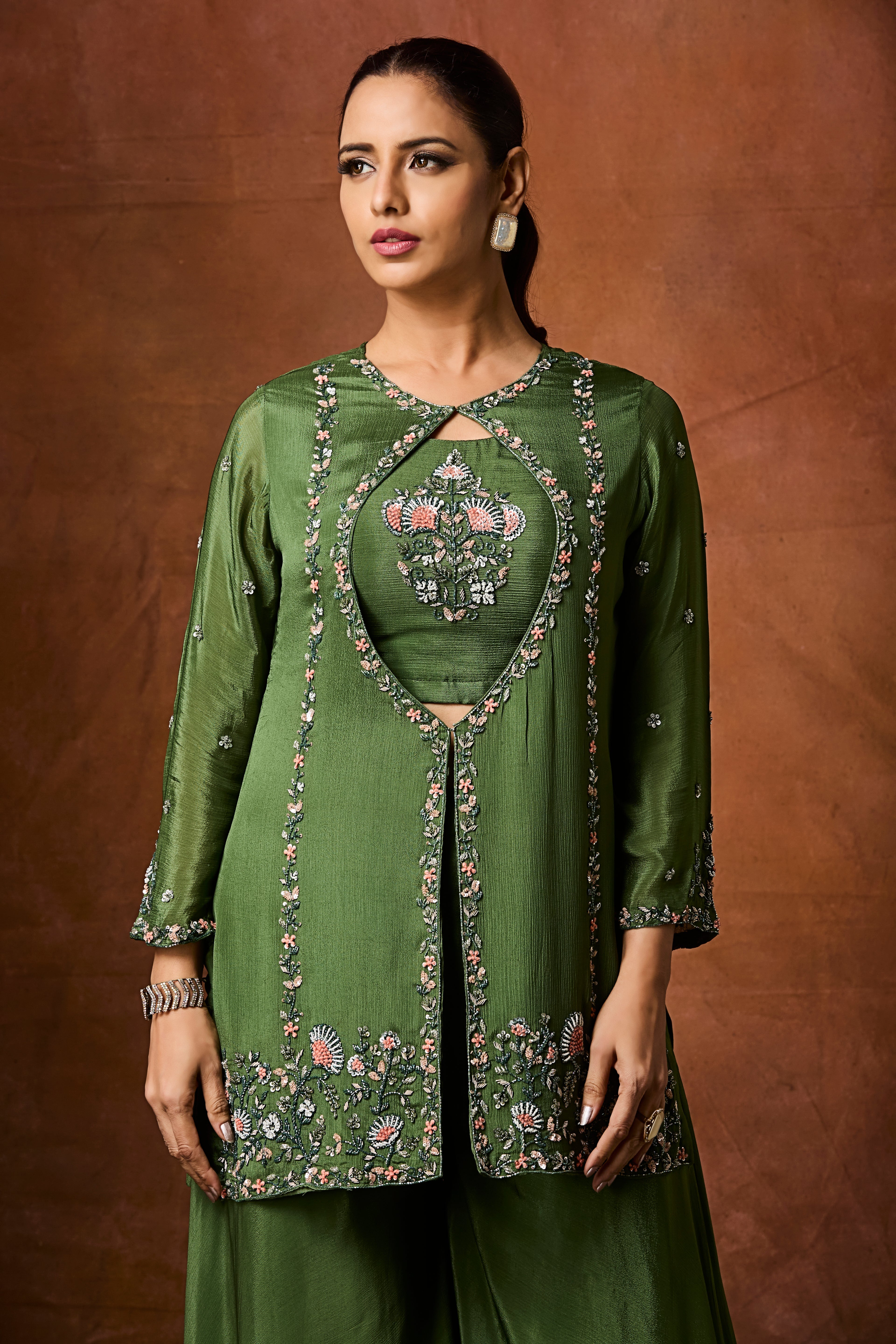 Forest Green Embellished Chinon Silk Palazzo Set