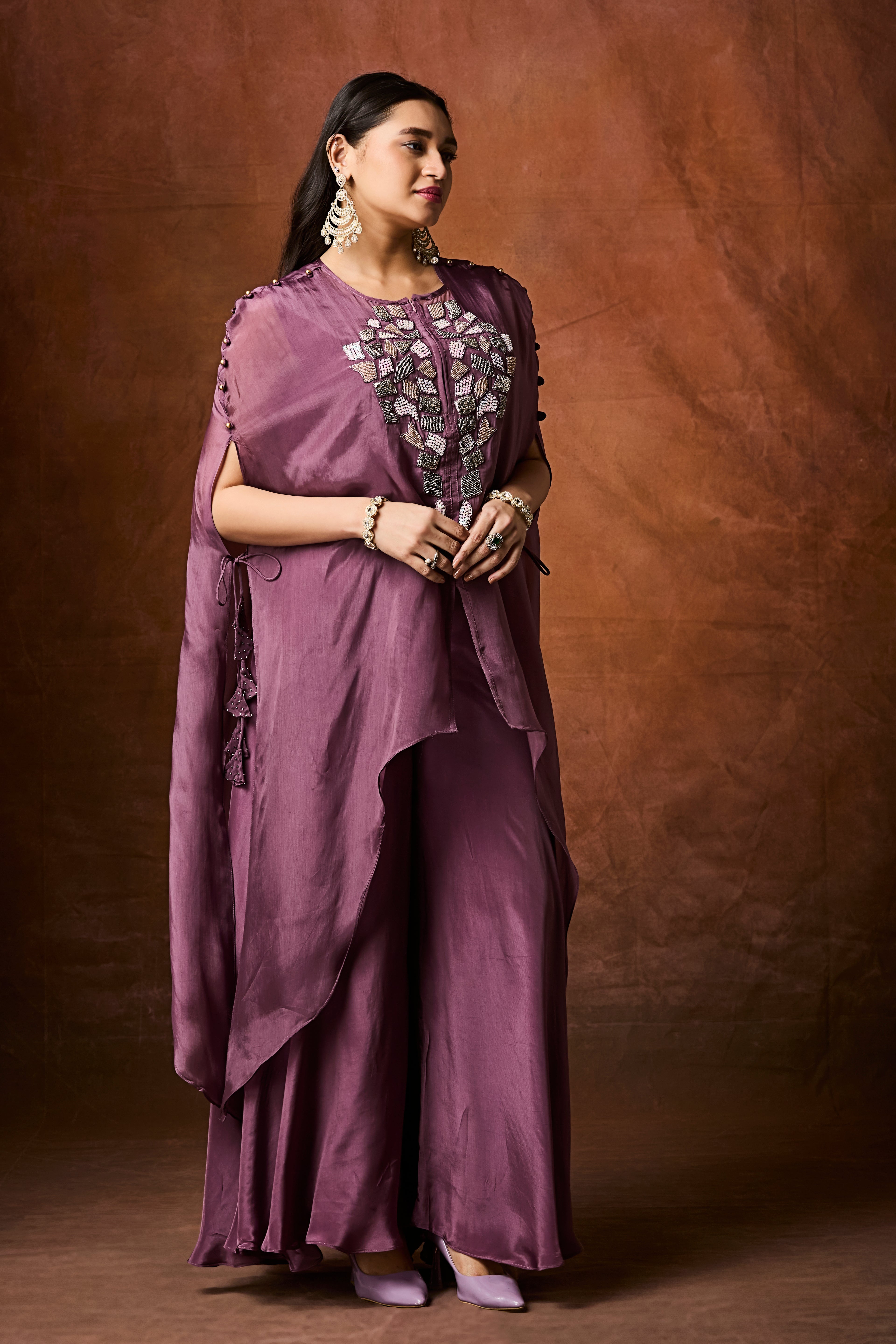 Dusty Mauve Embellished Organza Silk Kaftan Set