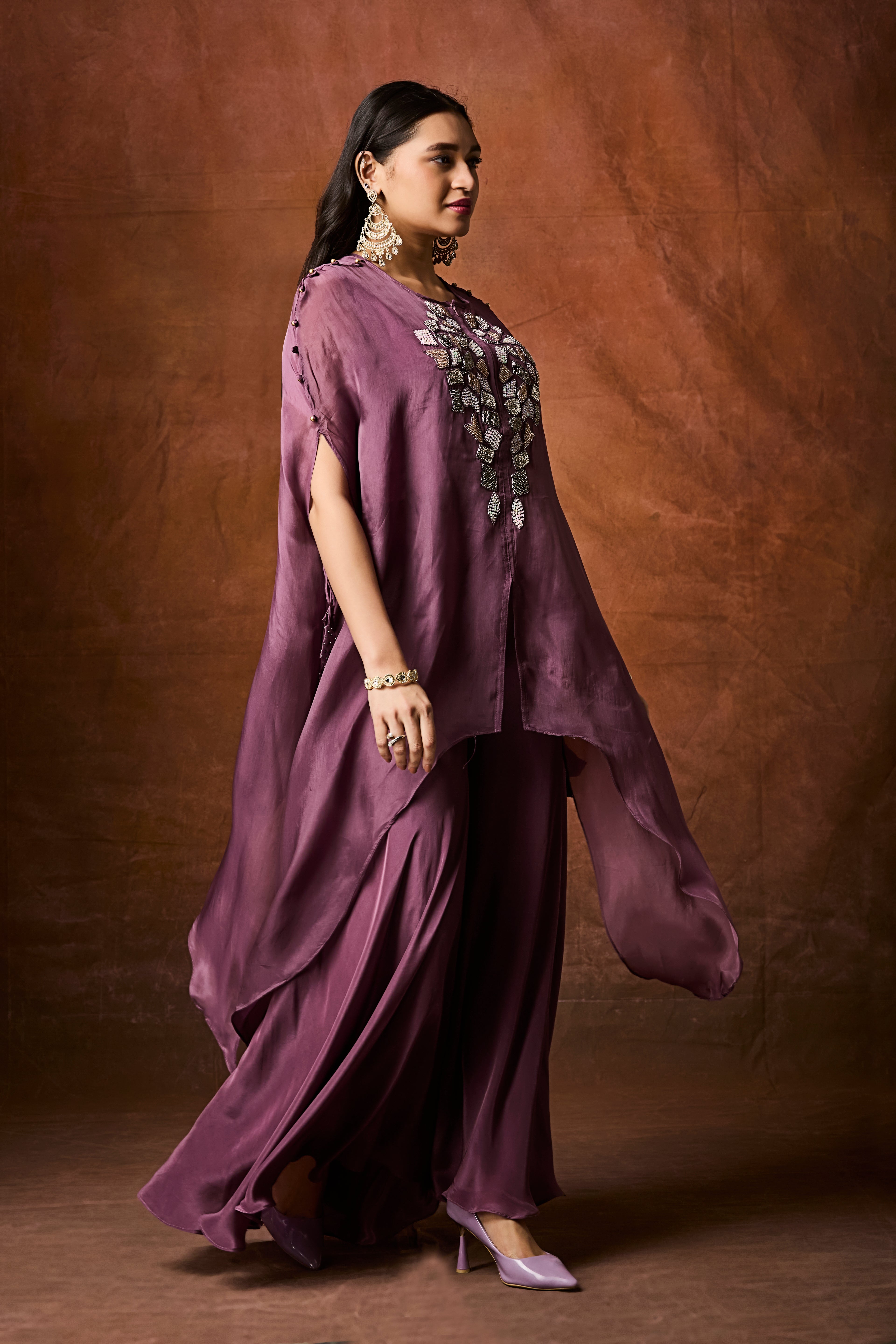 Dusty Mauve Embellished Organza Silk Kaftan Set