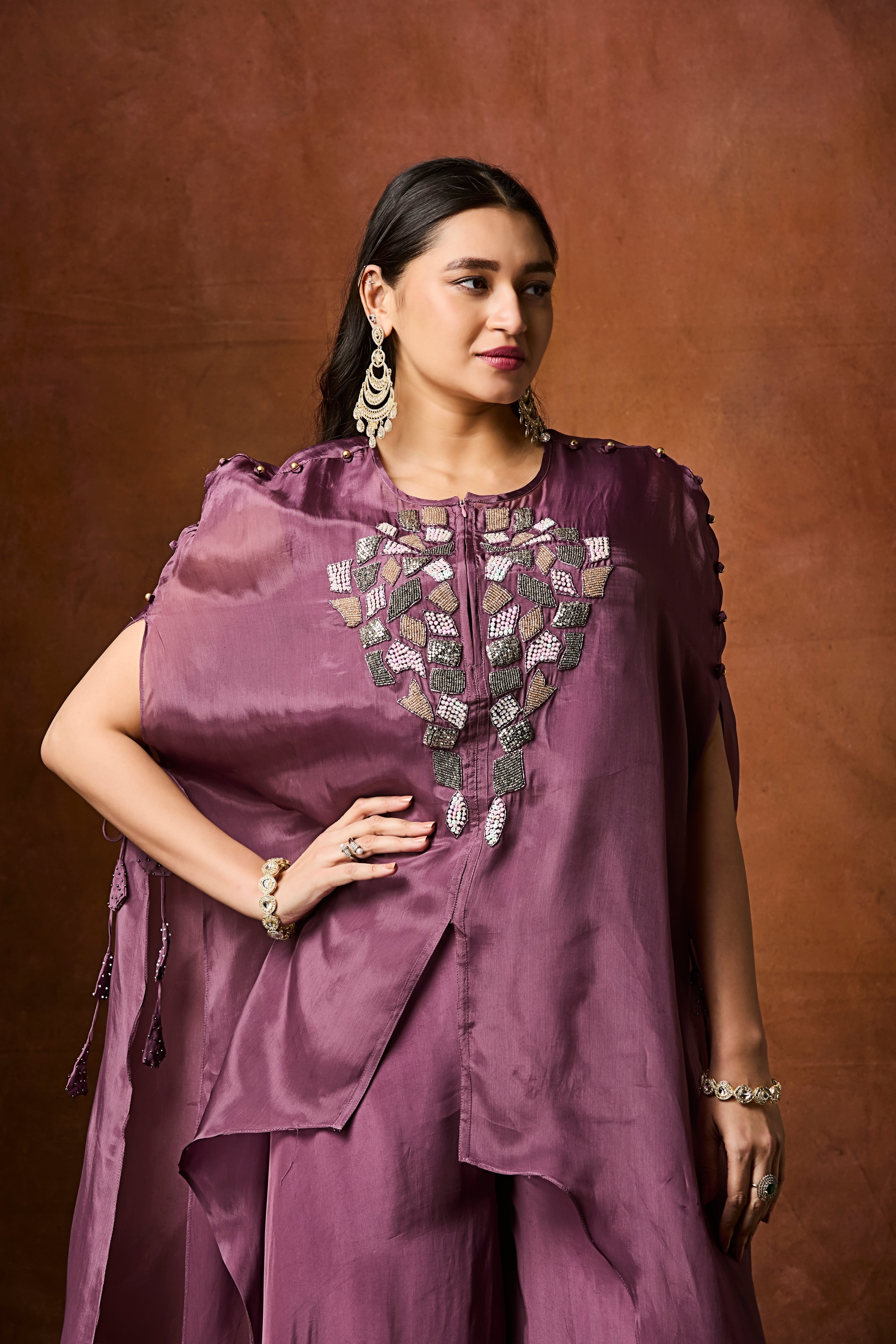Dusty Mauve Embellished Organza Silk Kaftan Set