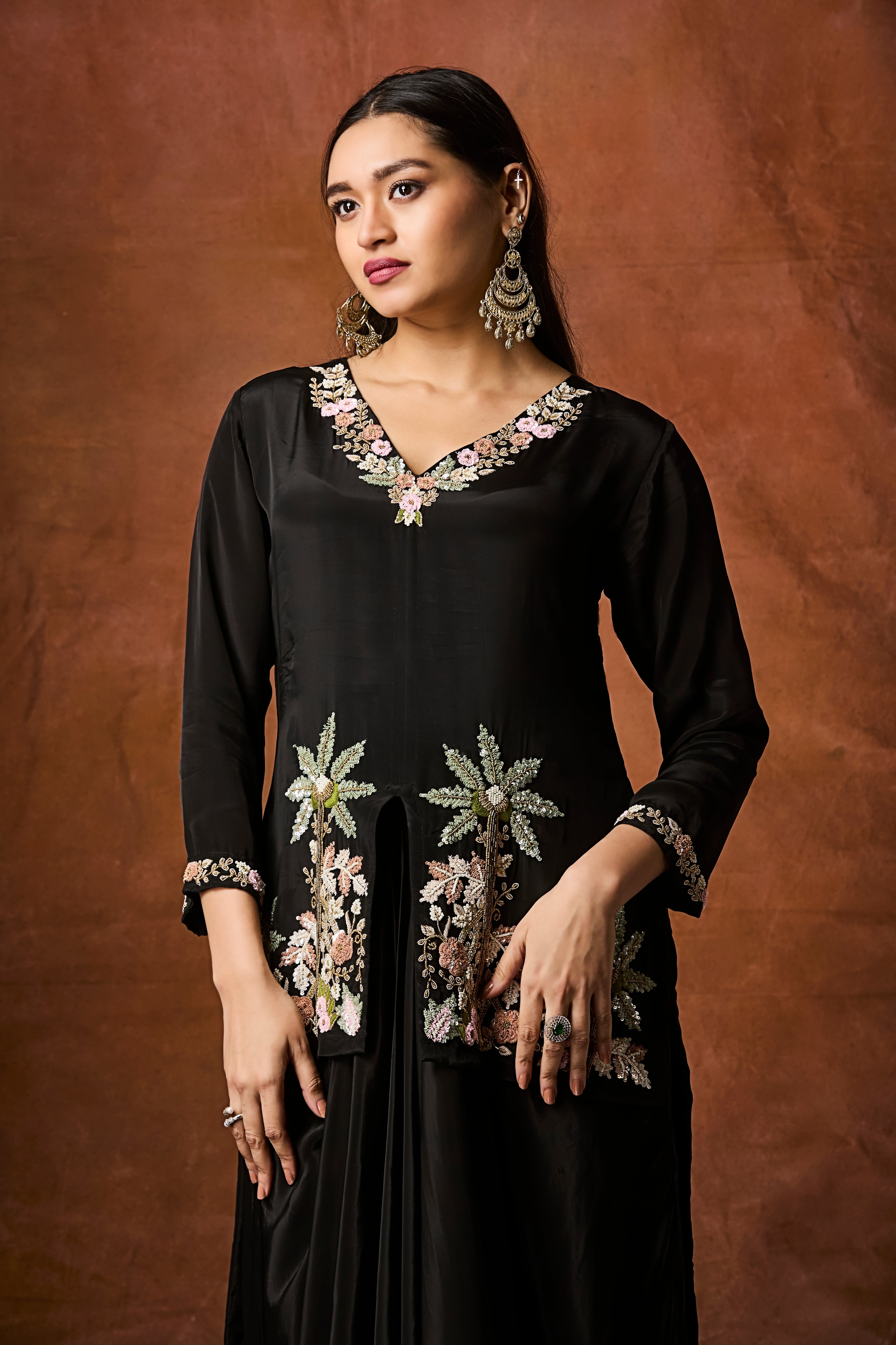 Rich Black Embellished Crepe Silk Skirt Set