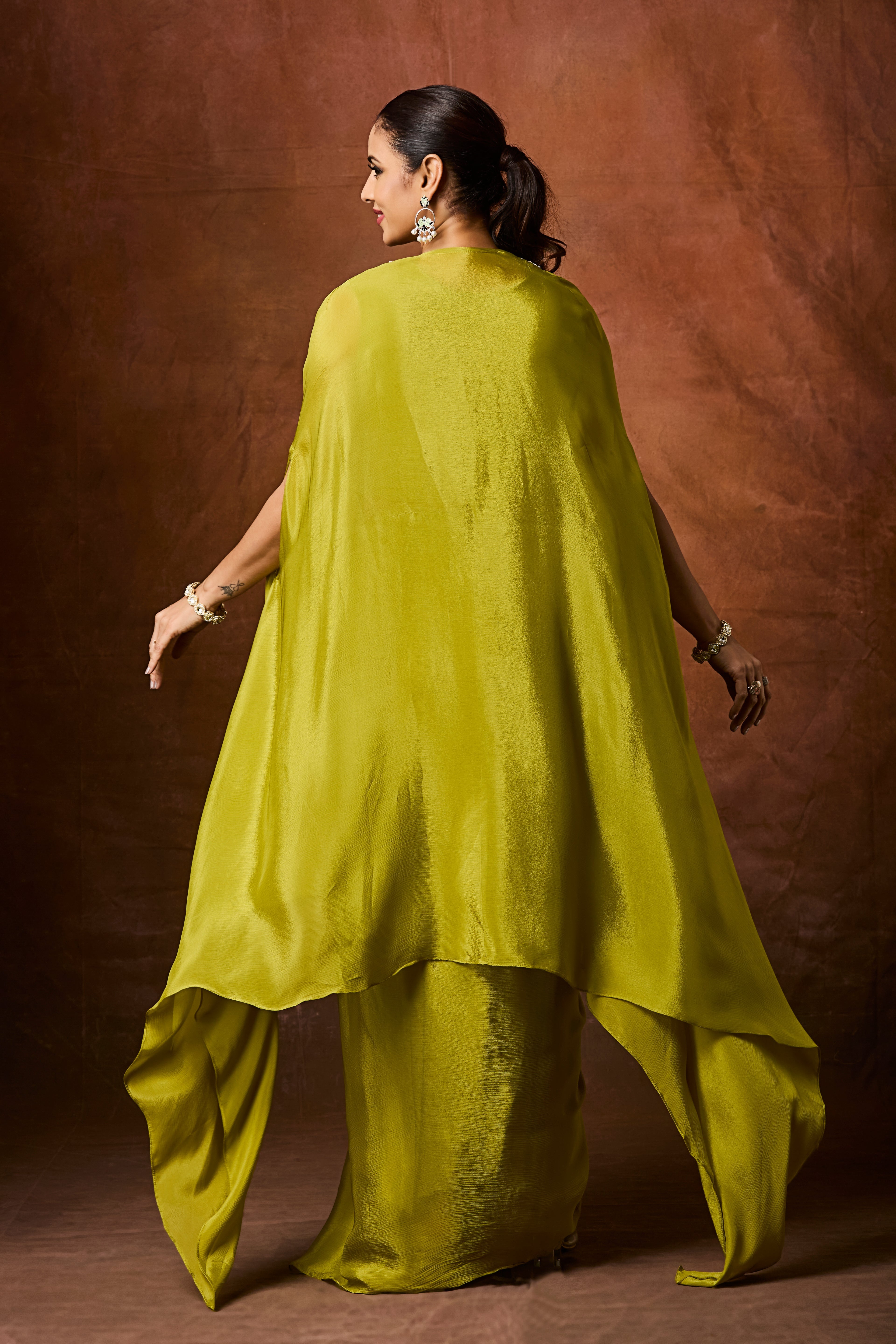Mehandi Green Embellished Chinon Silk Cape Set