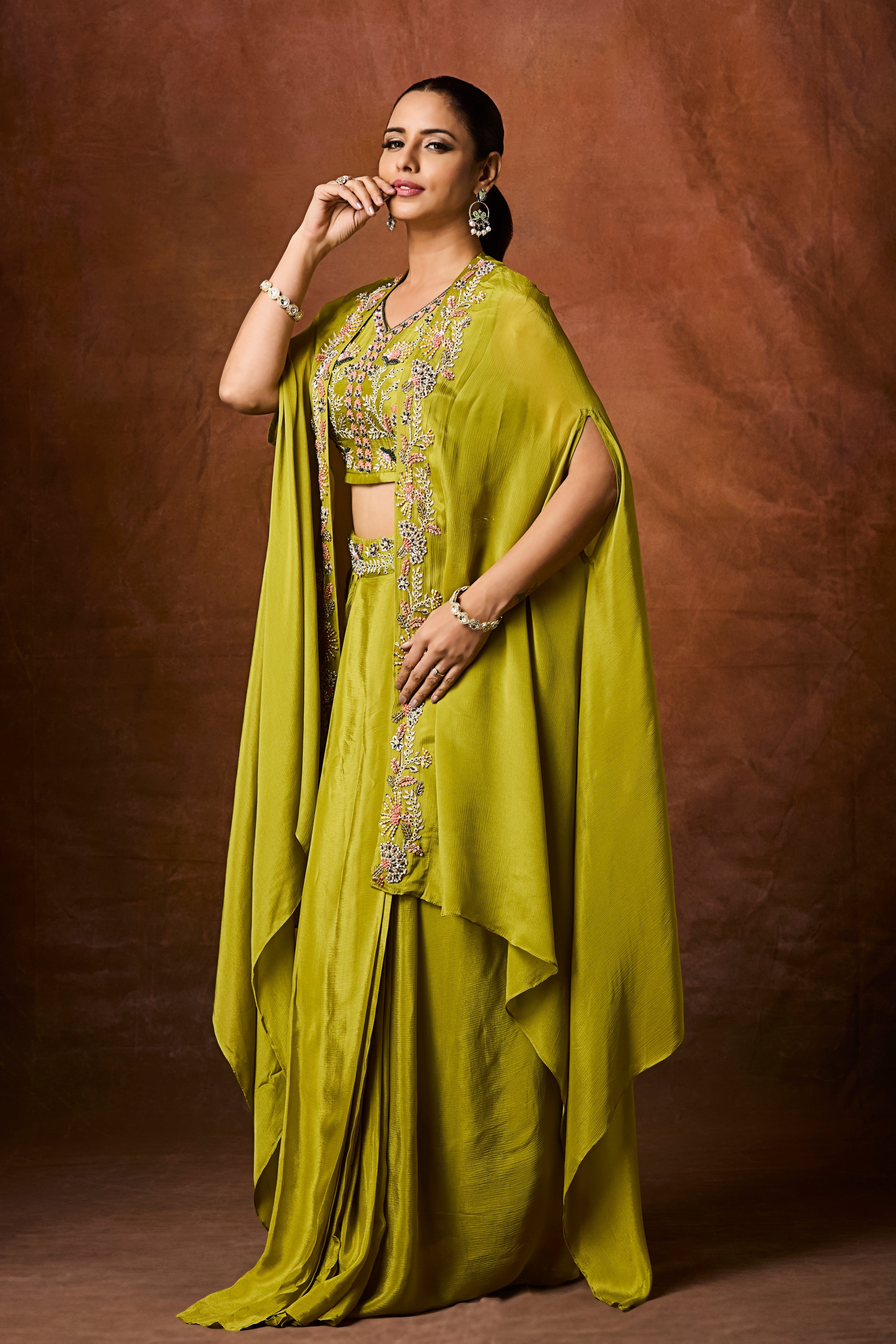 Mehandi Green Embellished Chinon Silk Cape Set