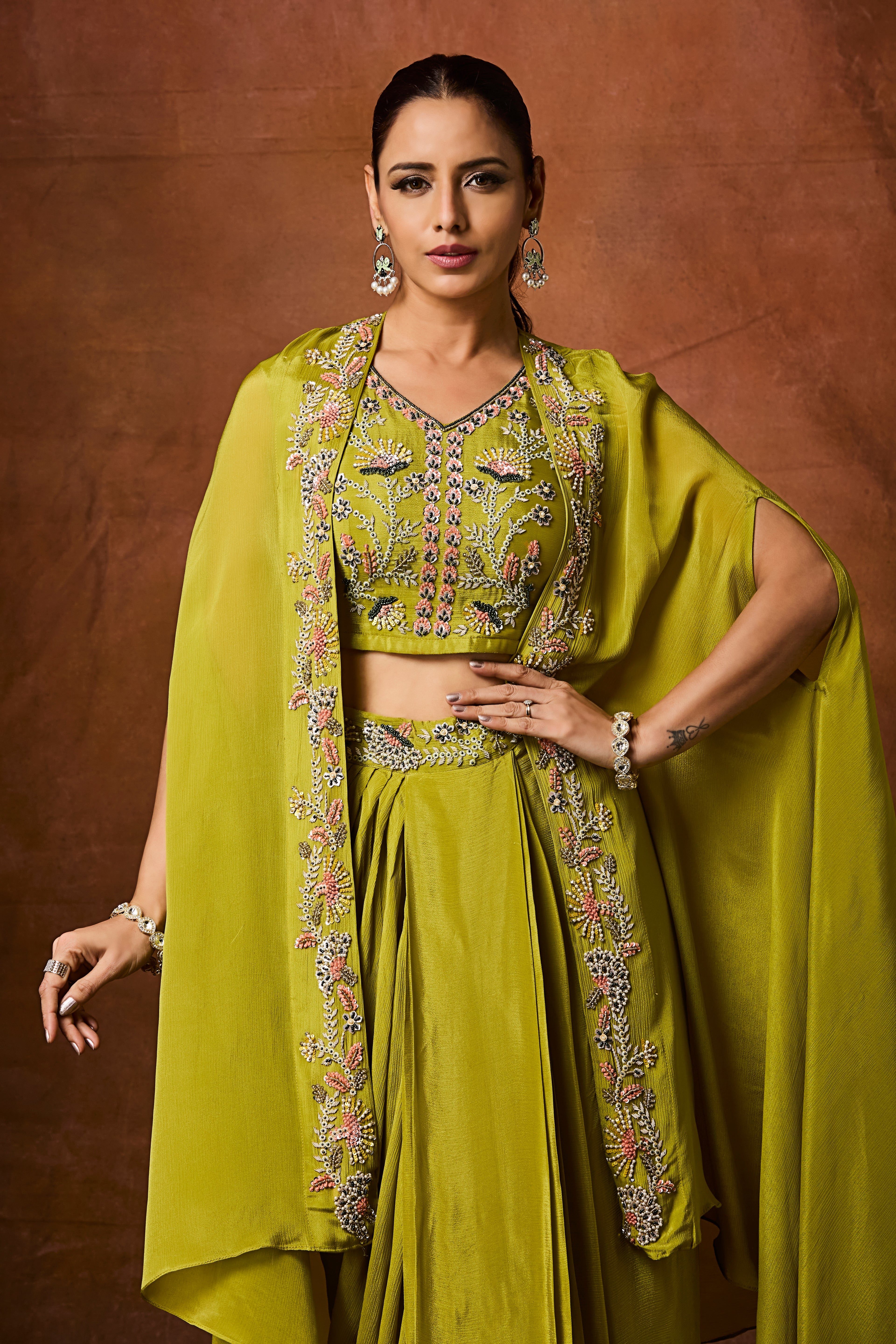 Mehandi Green Embellished Chinon Silk Cape Set