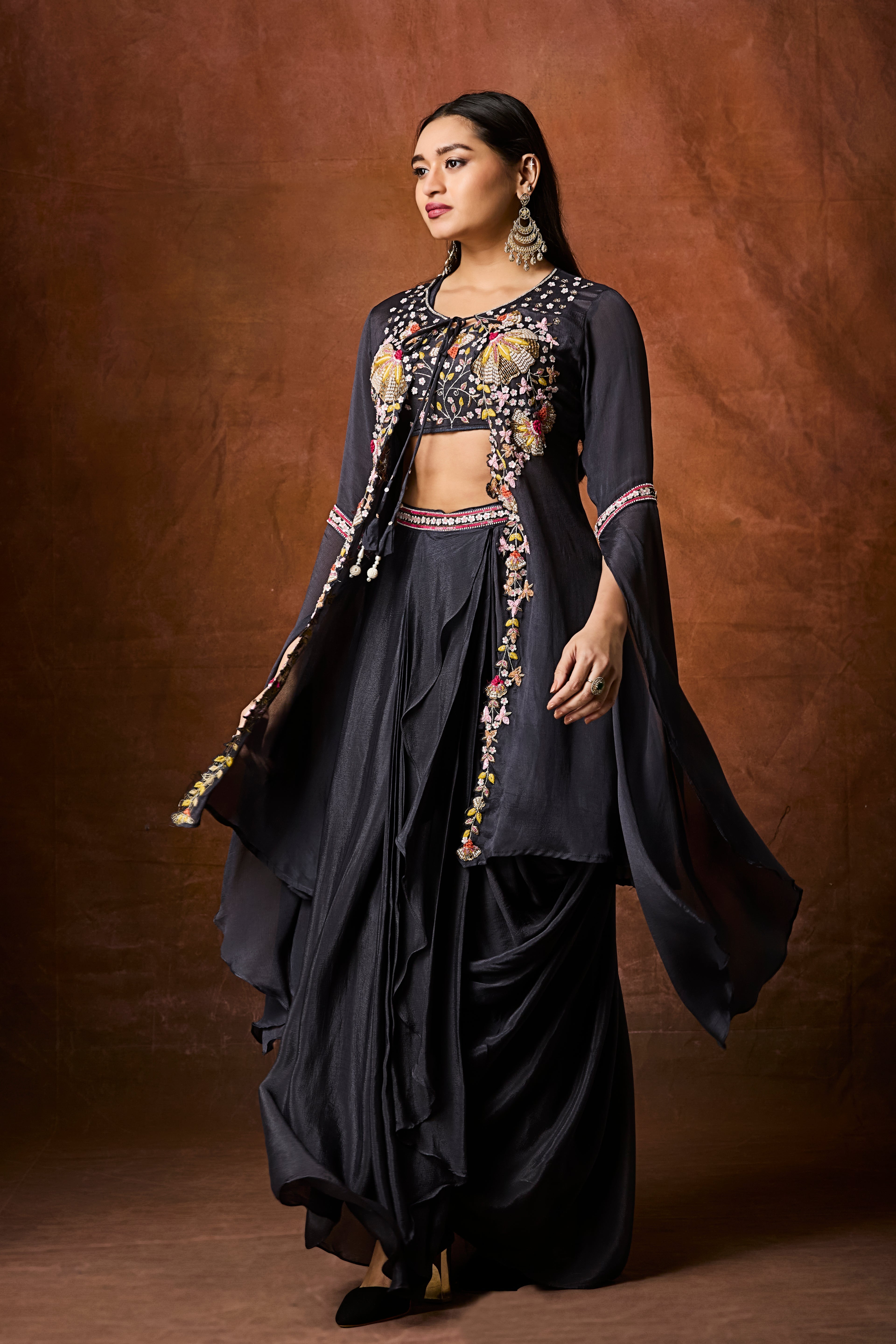 Dark Grey Embellished Chinon Silk Drape Skirt Set