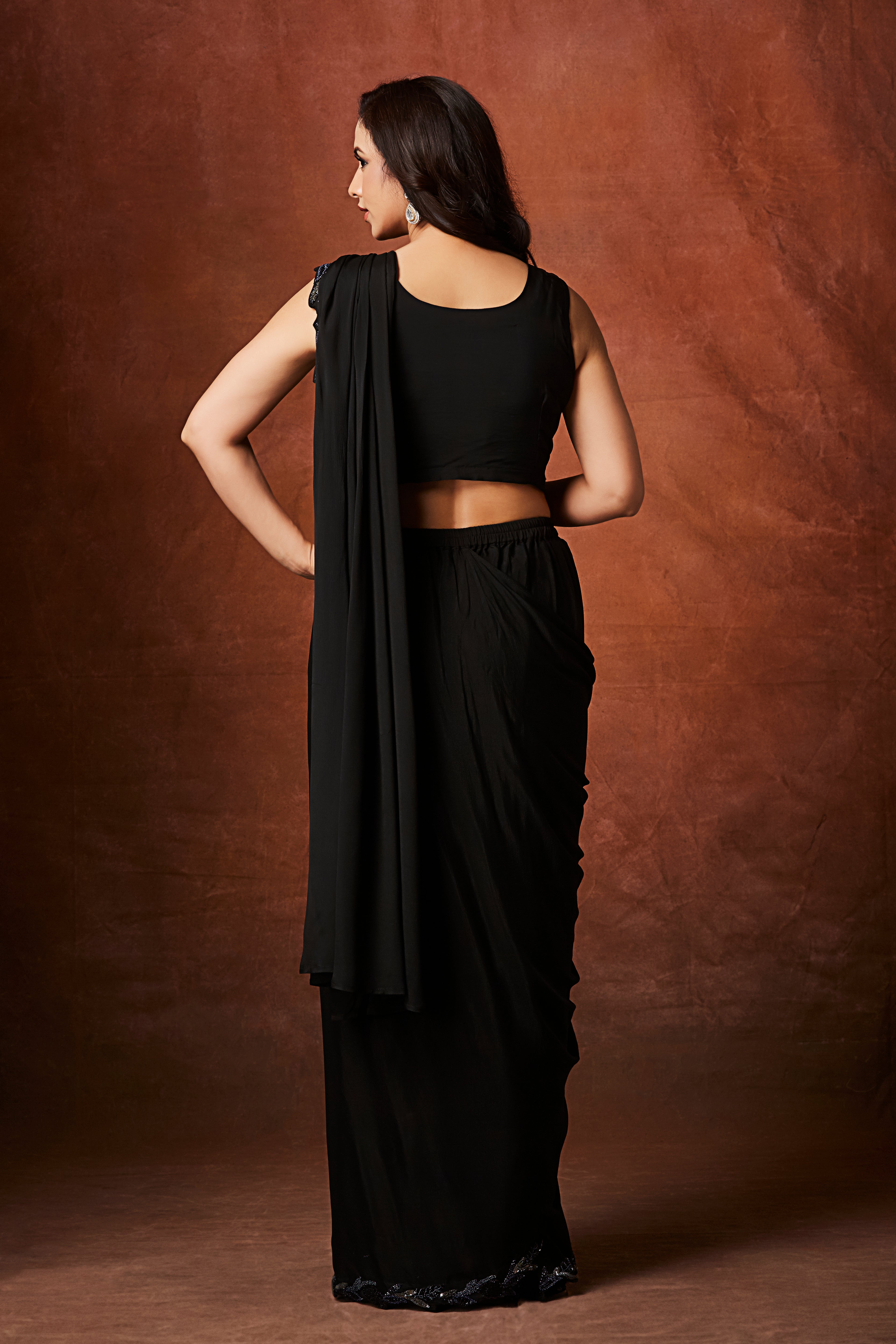 Smoky Black Embellished Chinon Silk Drape Saree