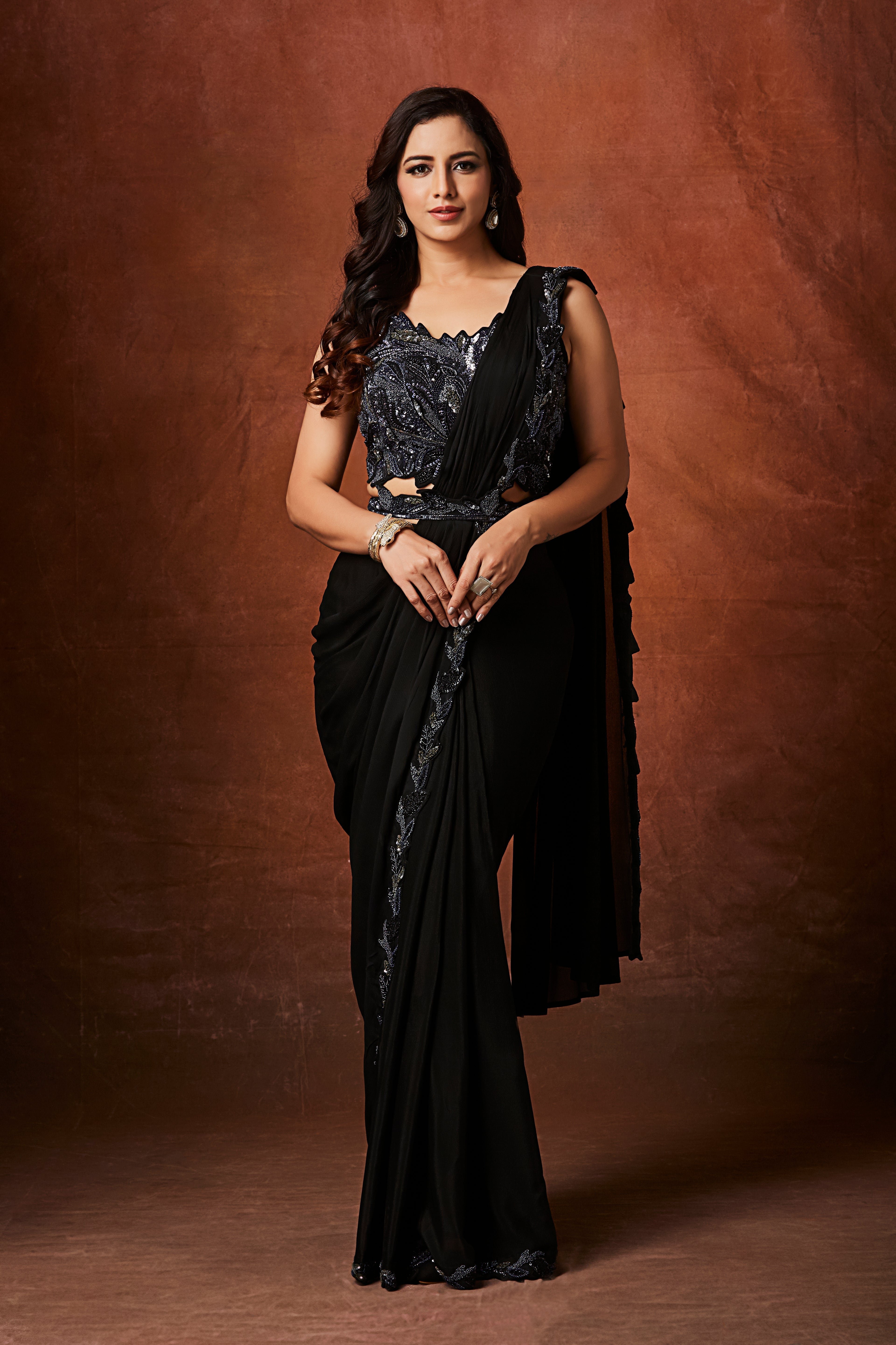 Smoky Black Embellished Chinon Silk Drape Saree