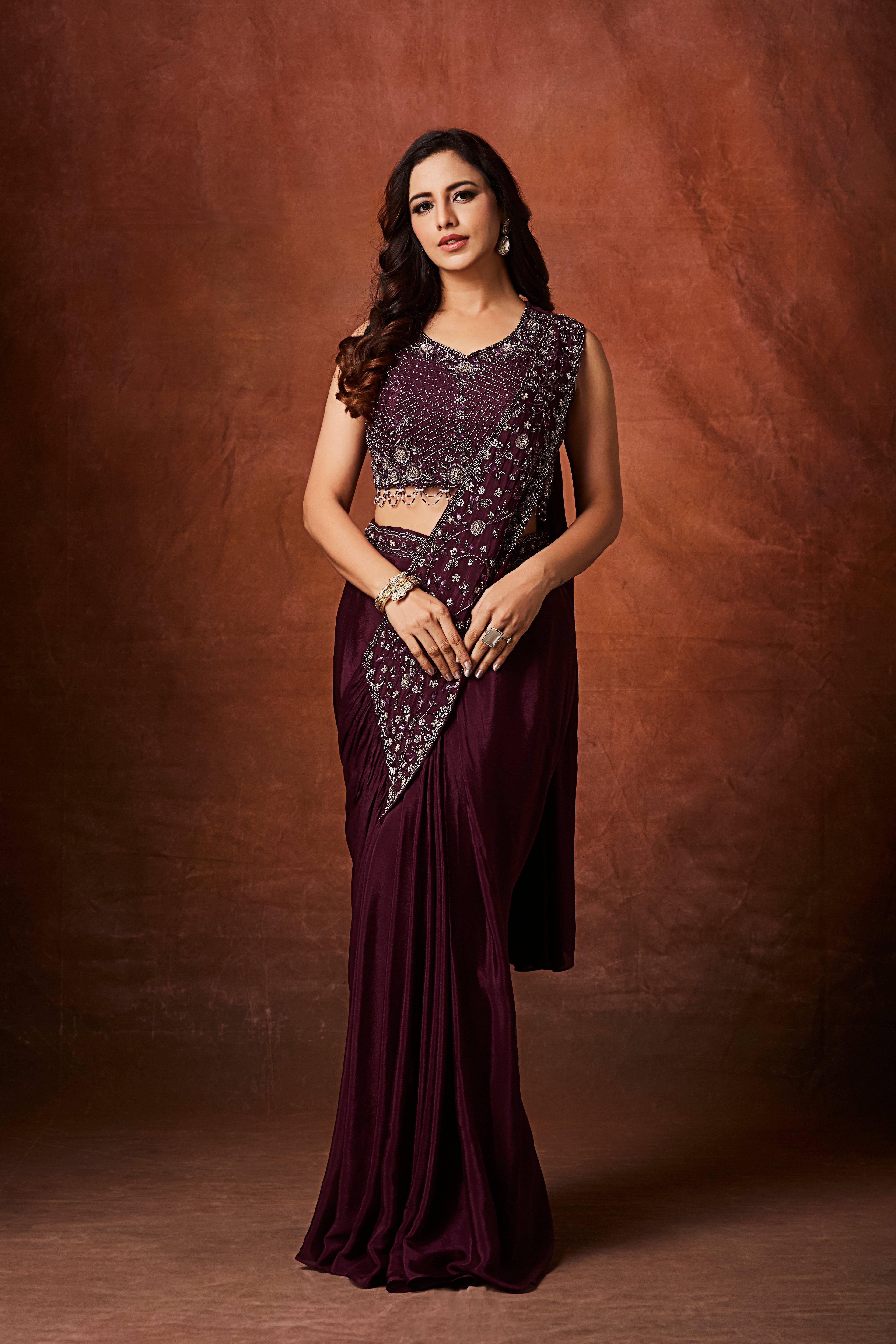 Wine Plum Embellished Crepe Silk Drape Saree