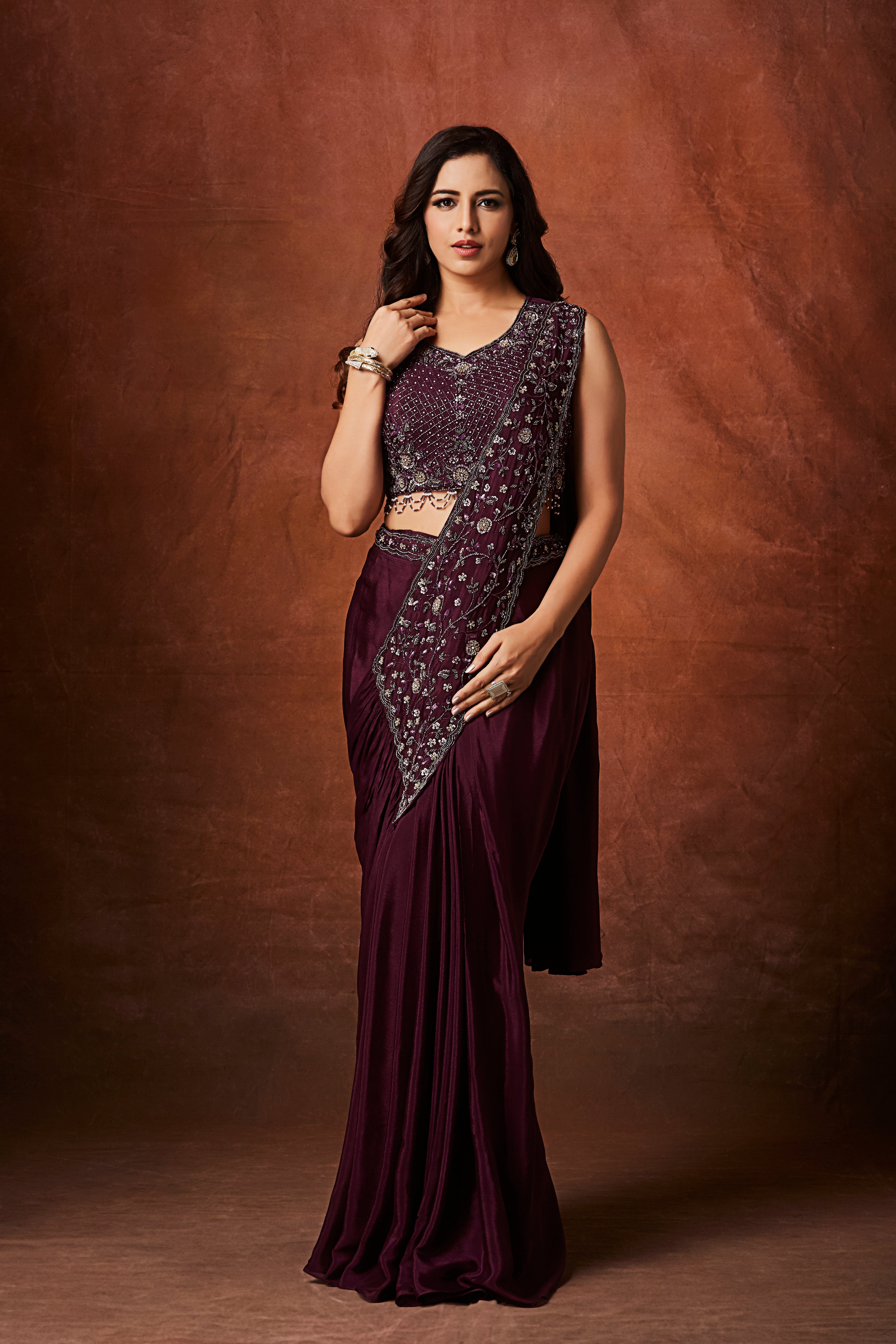 Wine Plum Embellished Crepe Silk Drape Saree