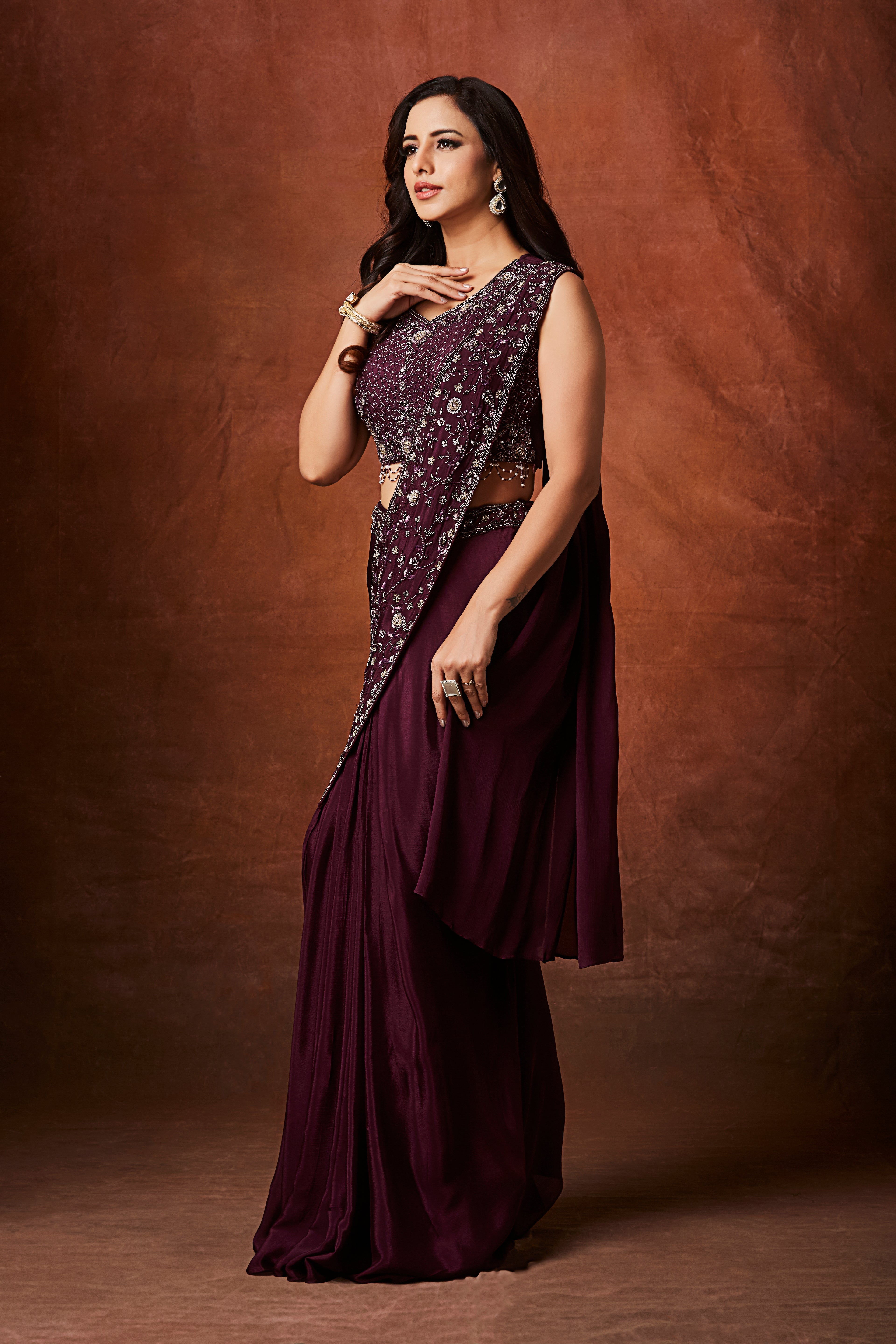 Wine Plum Embellished Crepe Silk Drape Saree