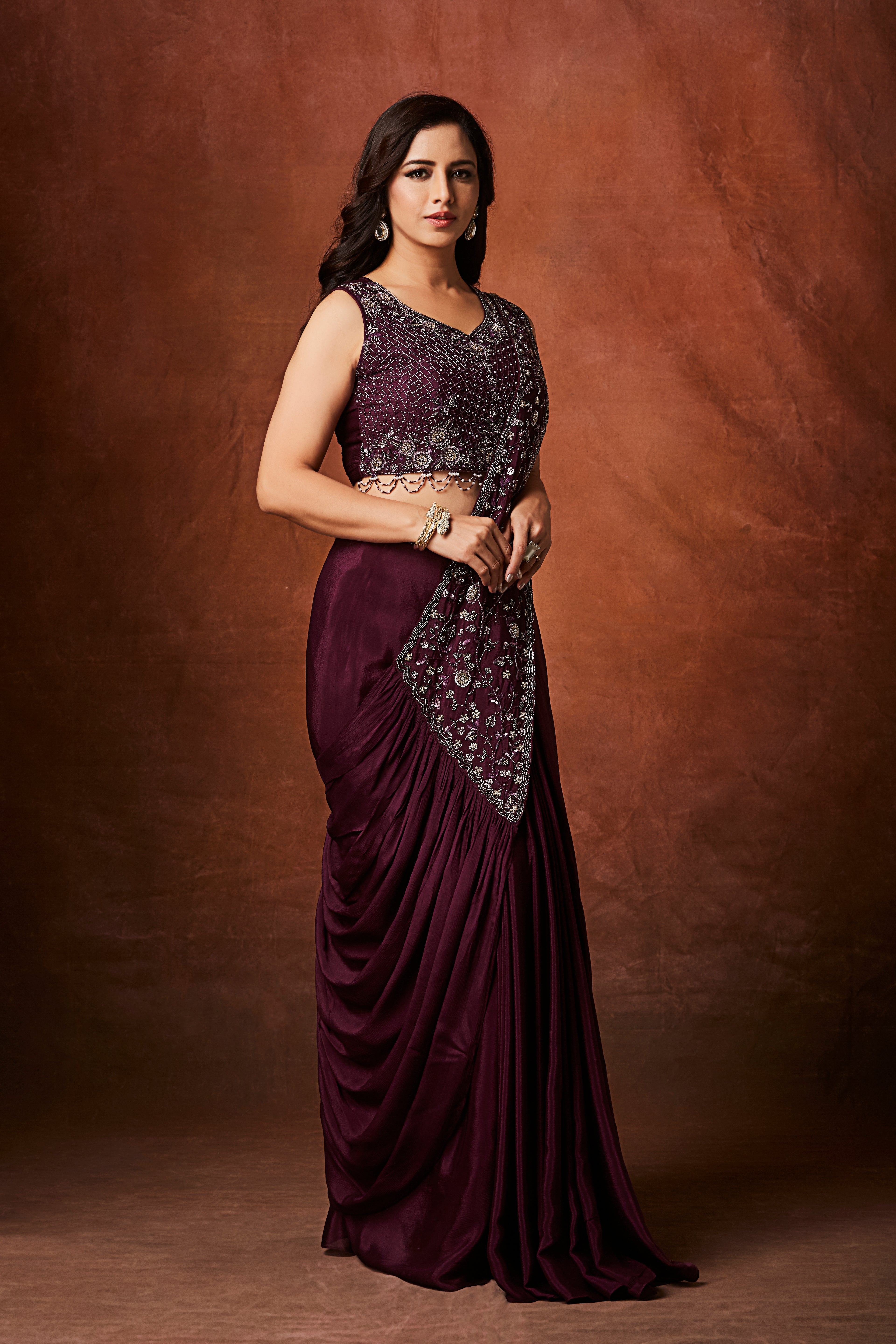 Wine Plum Embellished Crepe Silk Drape Saree
