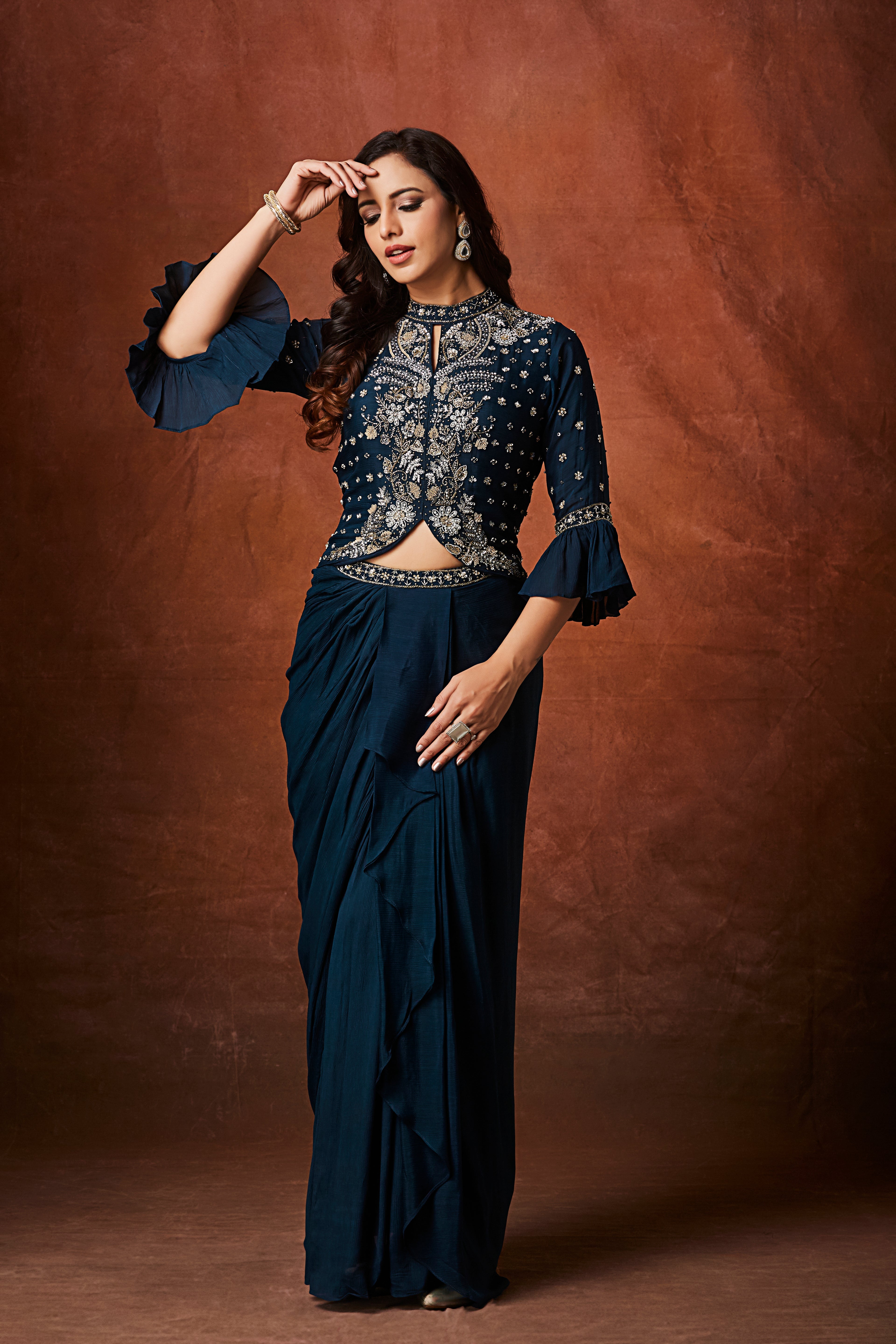 Deep Teal Embellished Chinon Silk Skirt Set