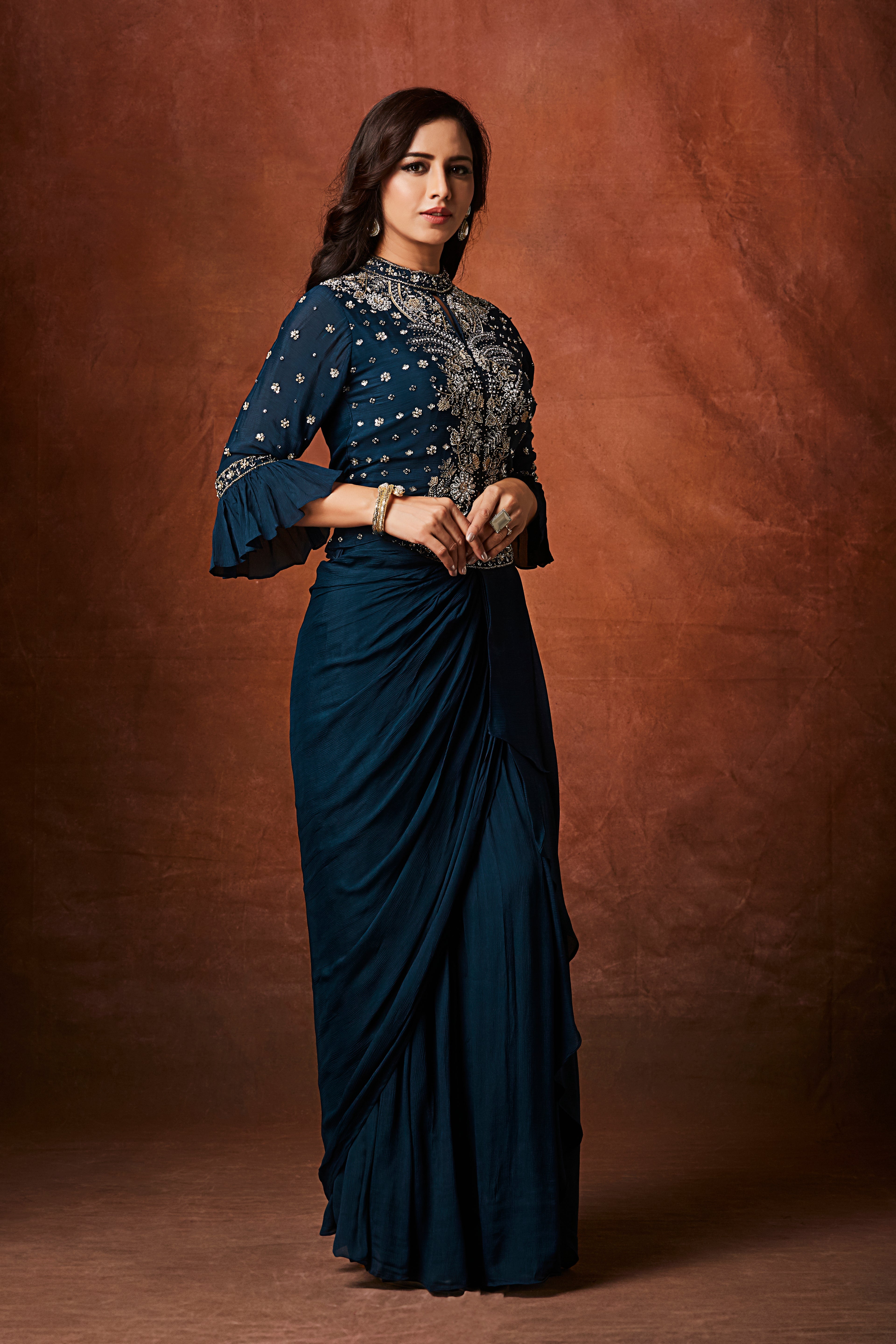 Deep Teal Embellished Chinon Silk Skirt Set