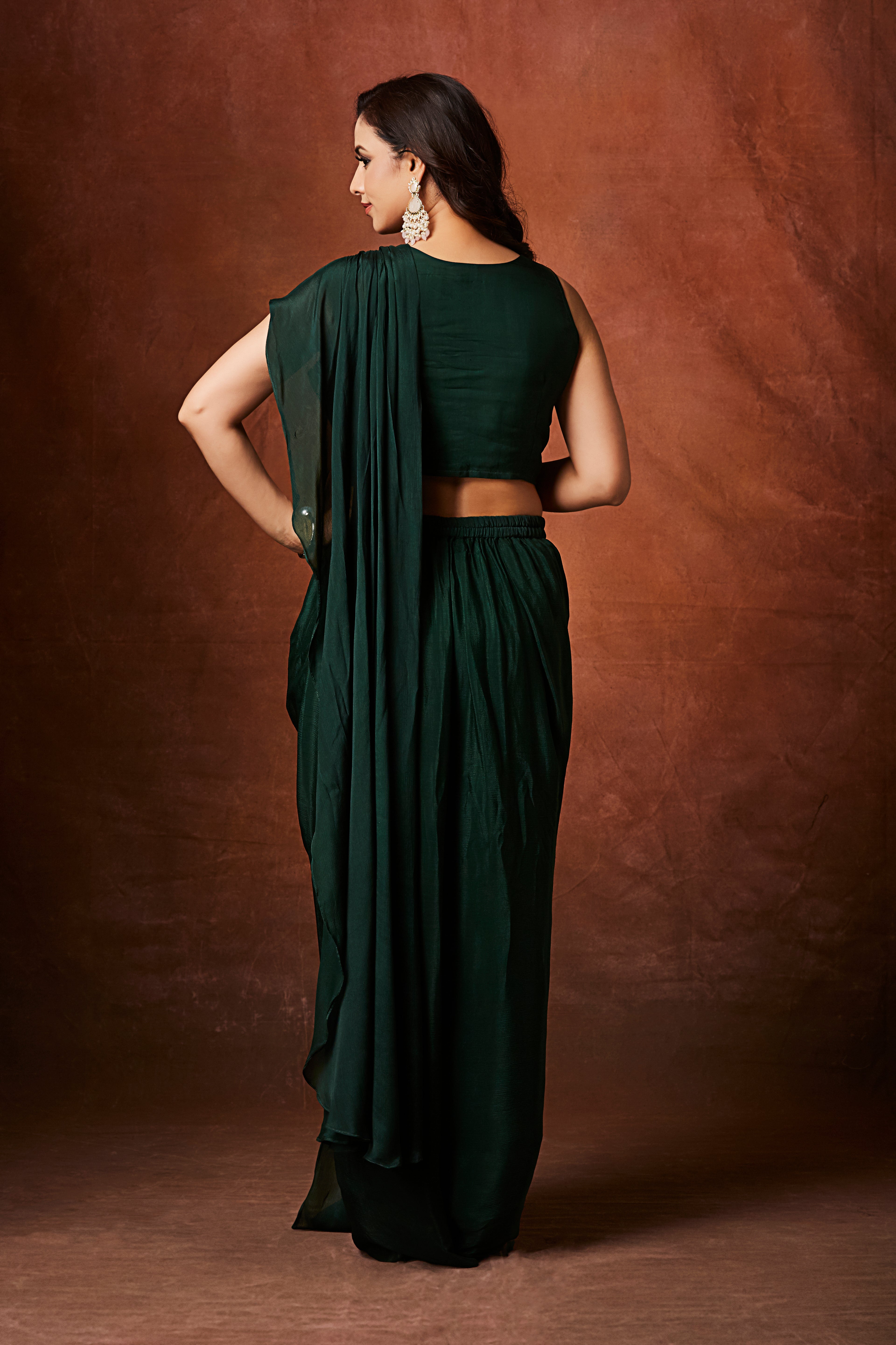 Deep Emerald Green Embellished Chinon Silk Drape Saree