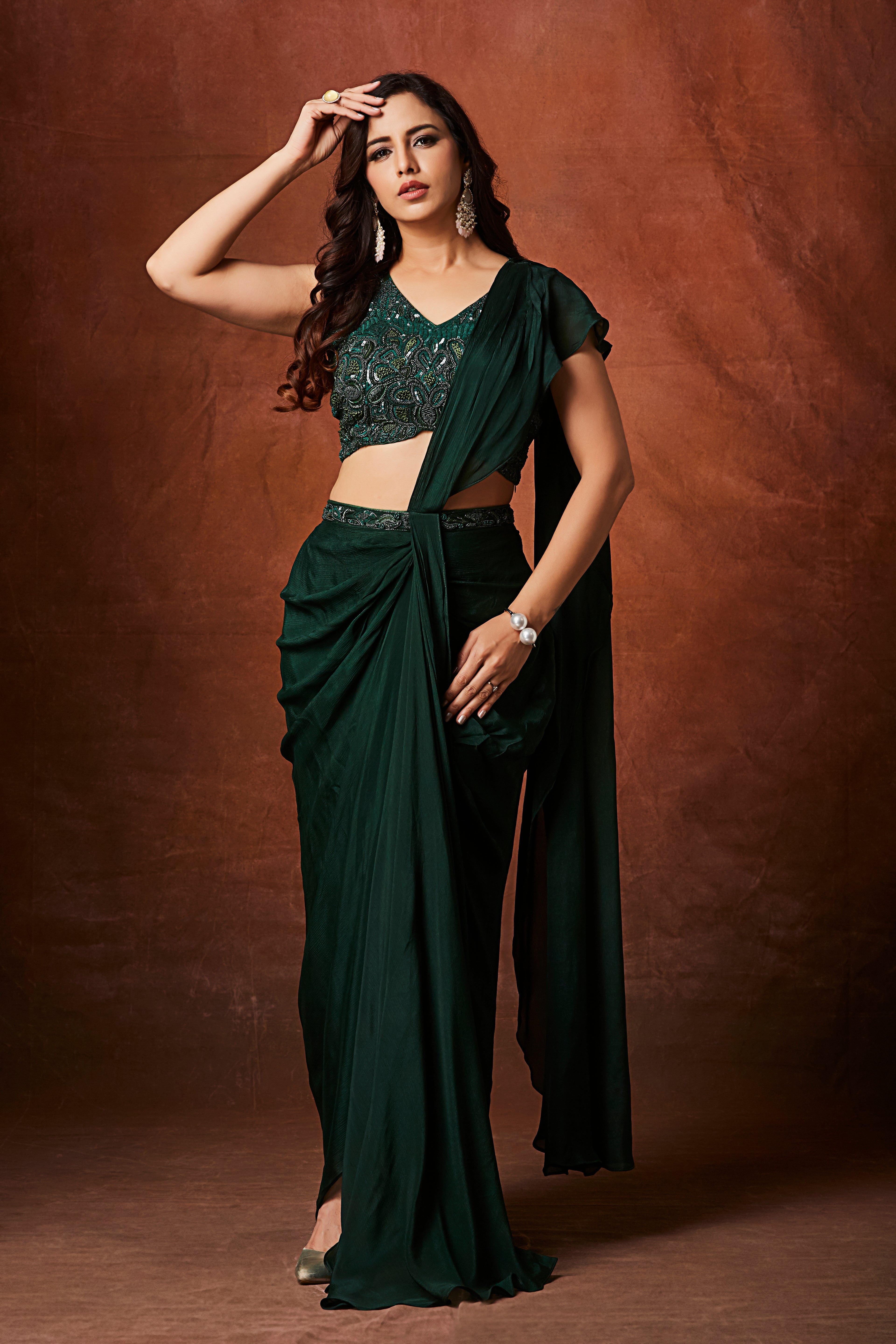 Deep Emerald Green Embellished Chinon Silk Drape Saree