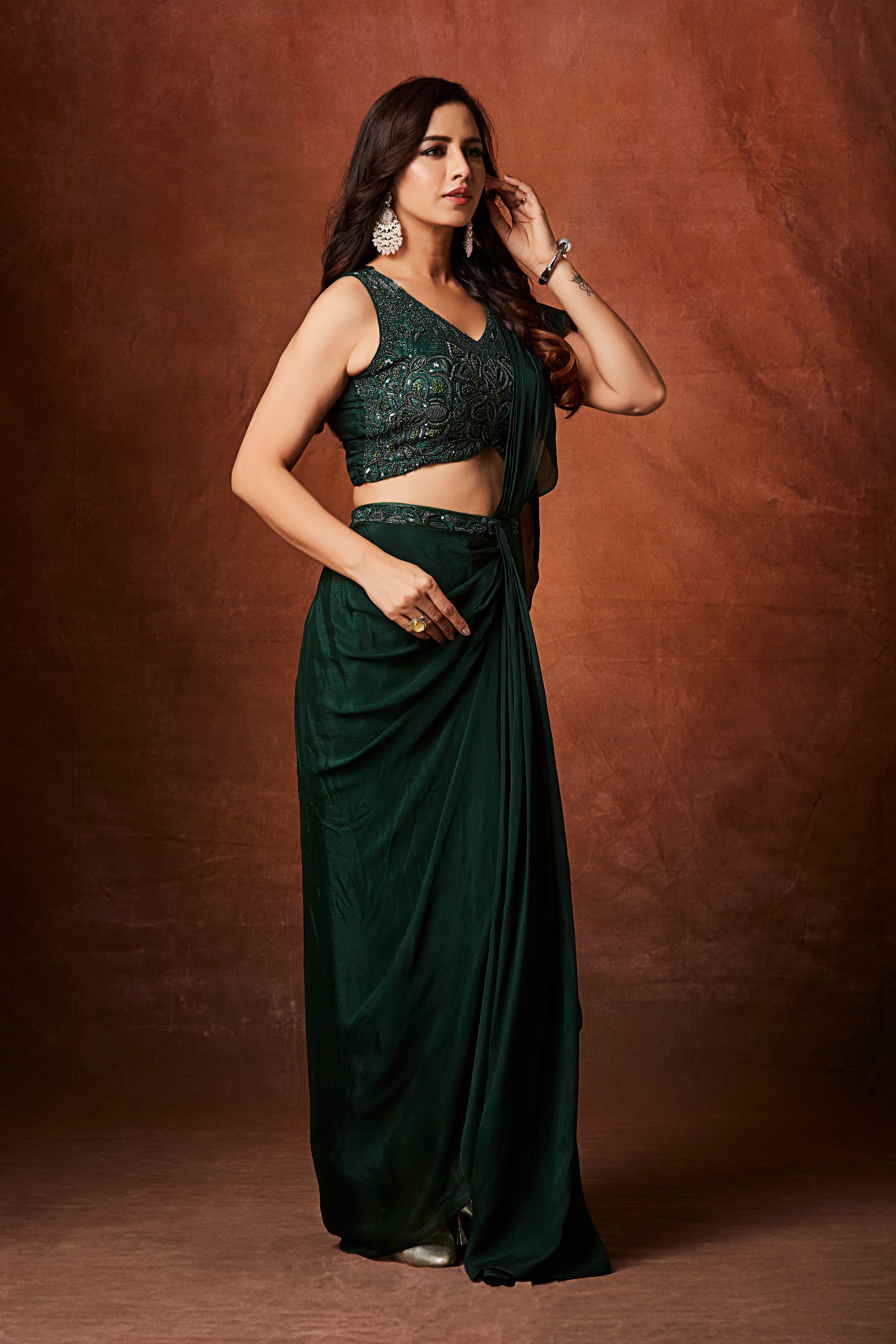 Deep Emerald Green Embellished Chinon Silk Drape Saree
