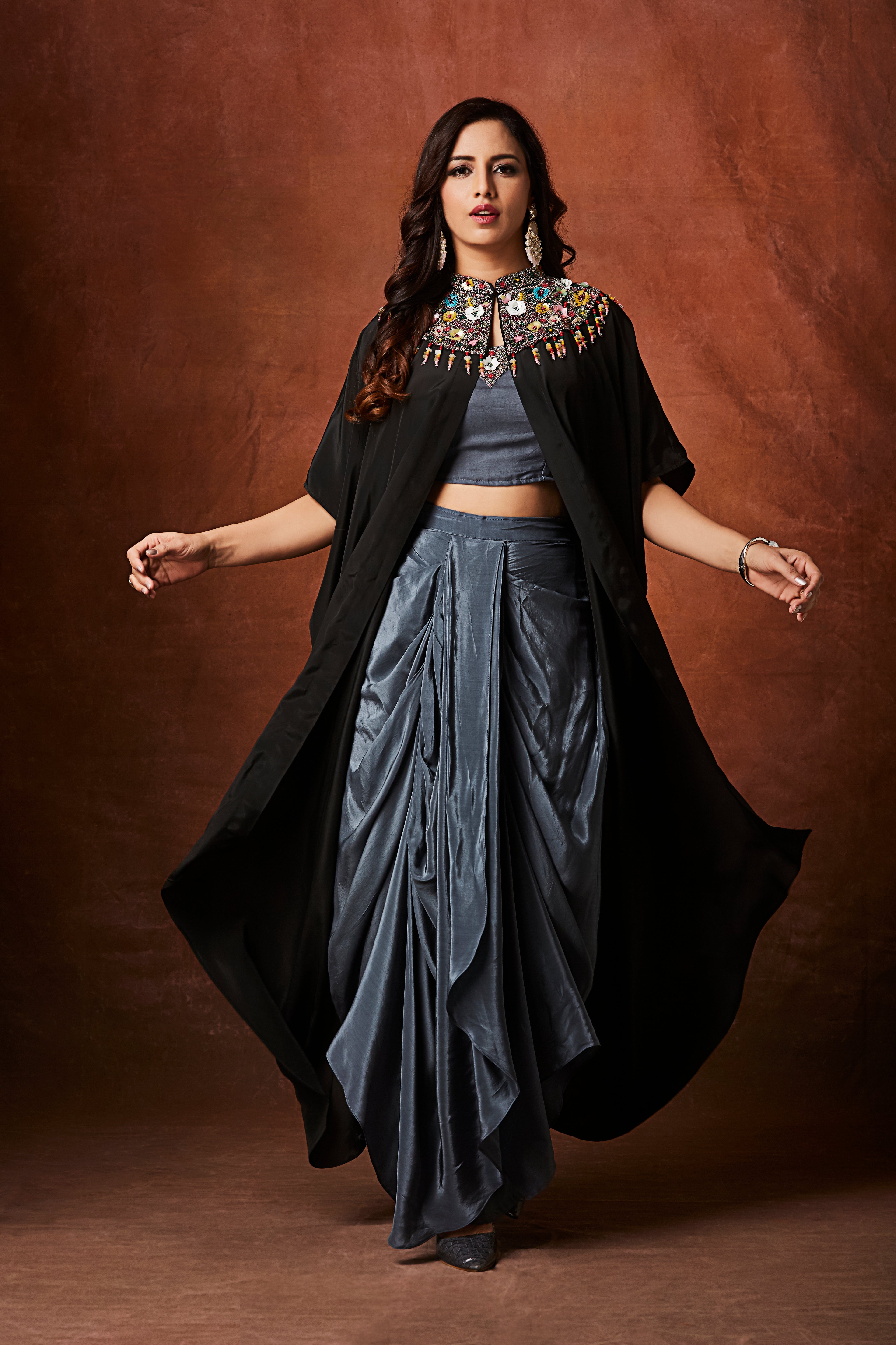 Slate Grey Embellished Crepe Silk Skirt Set