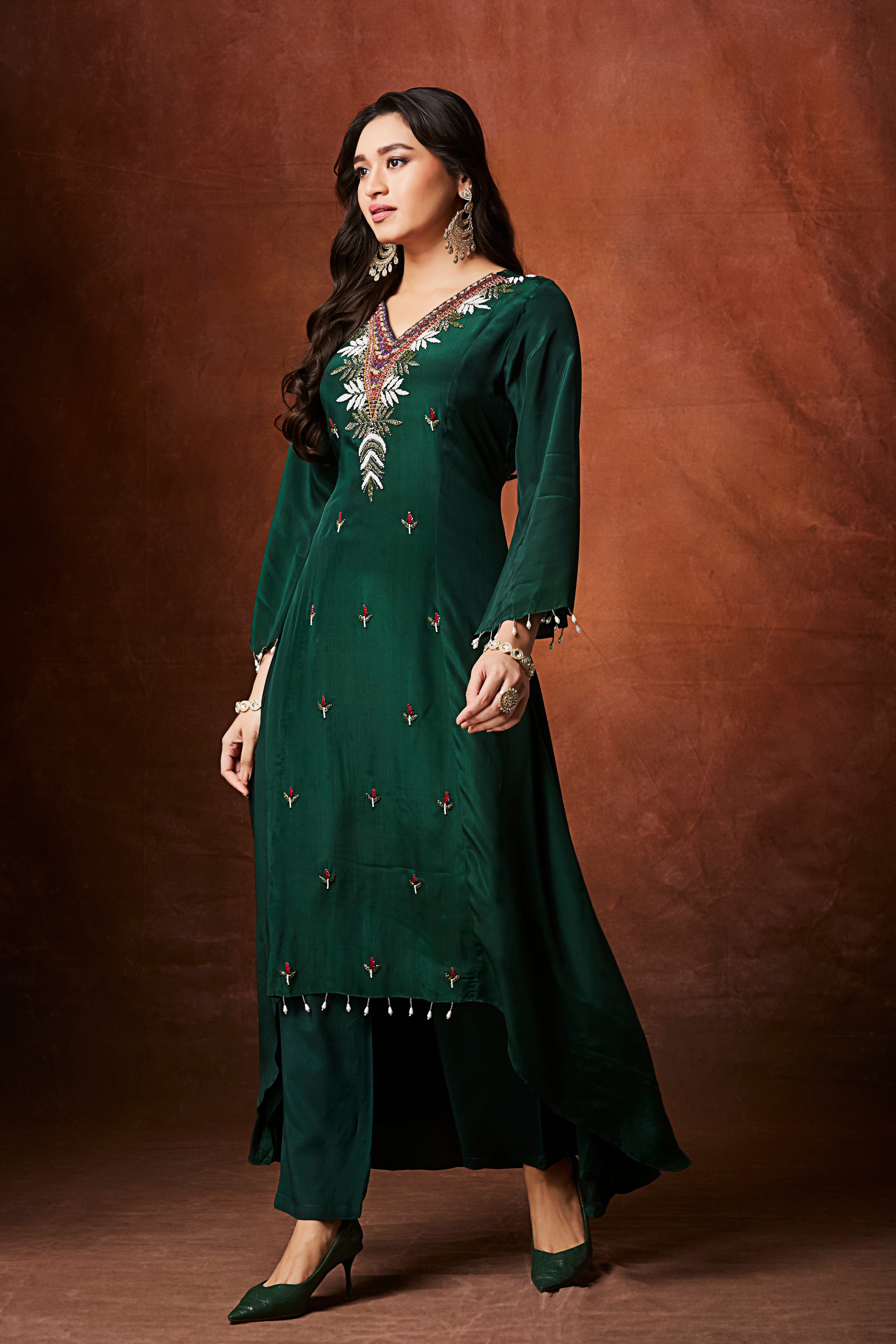 Bottle Green Embellished Chinon Silk Kurta Set