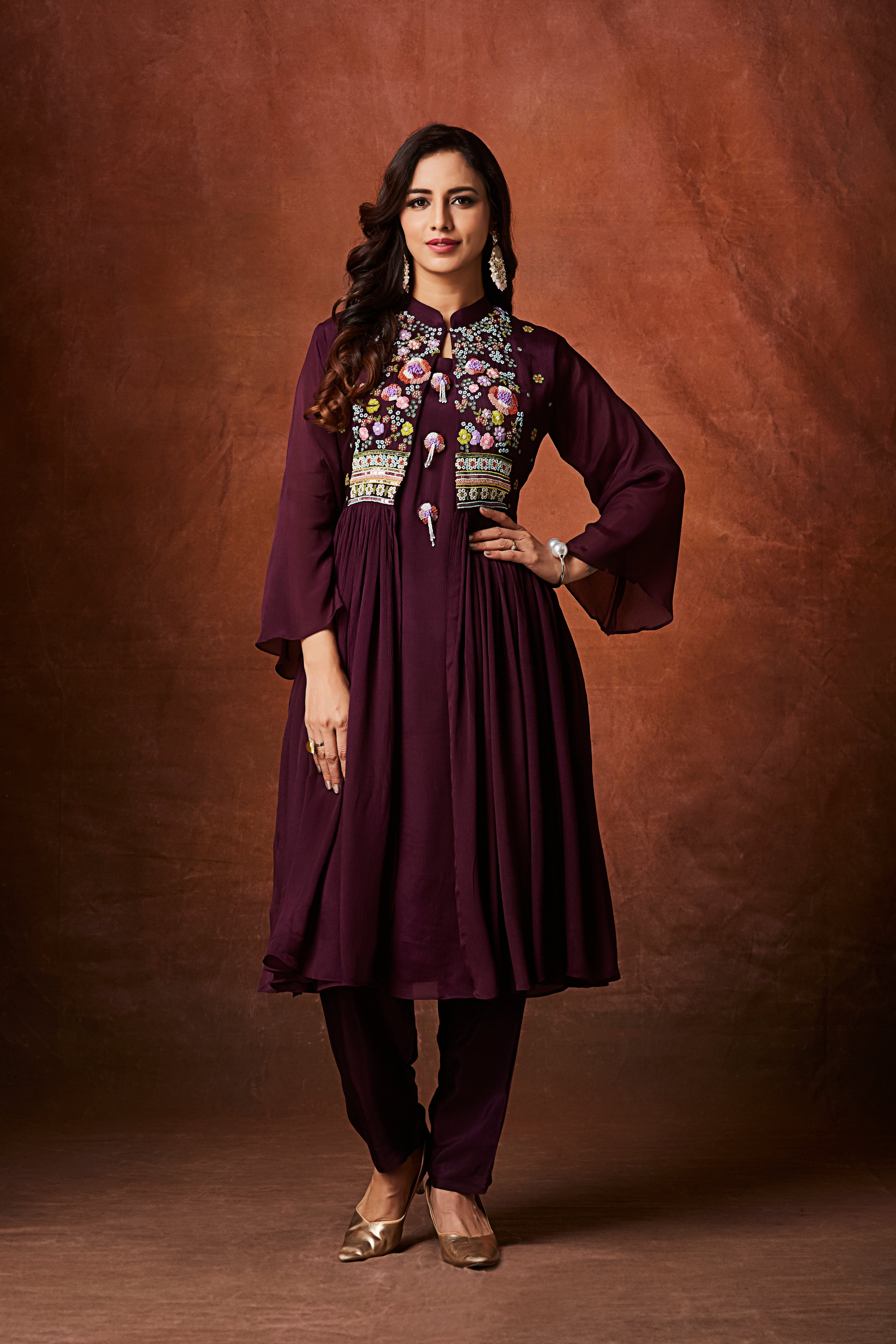 Deep Wine Embellished Chinon Silk Anarkali Set