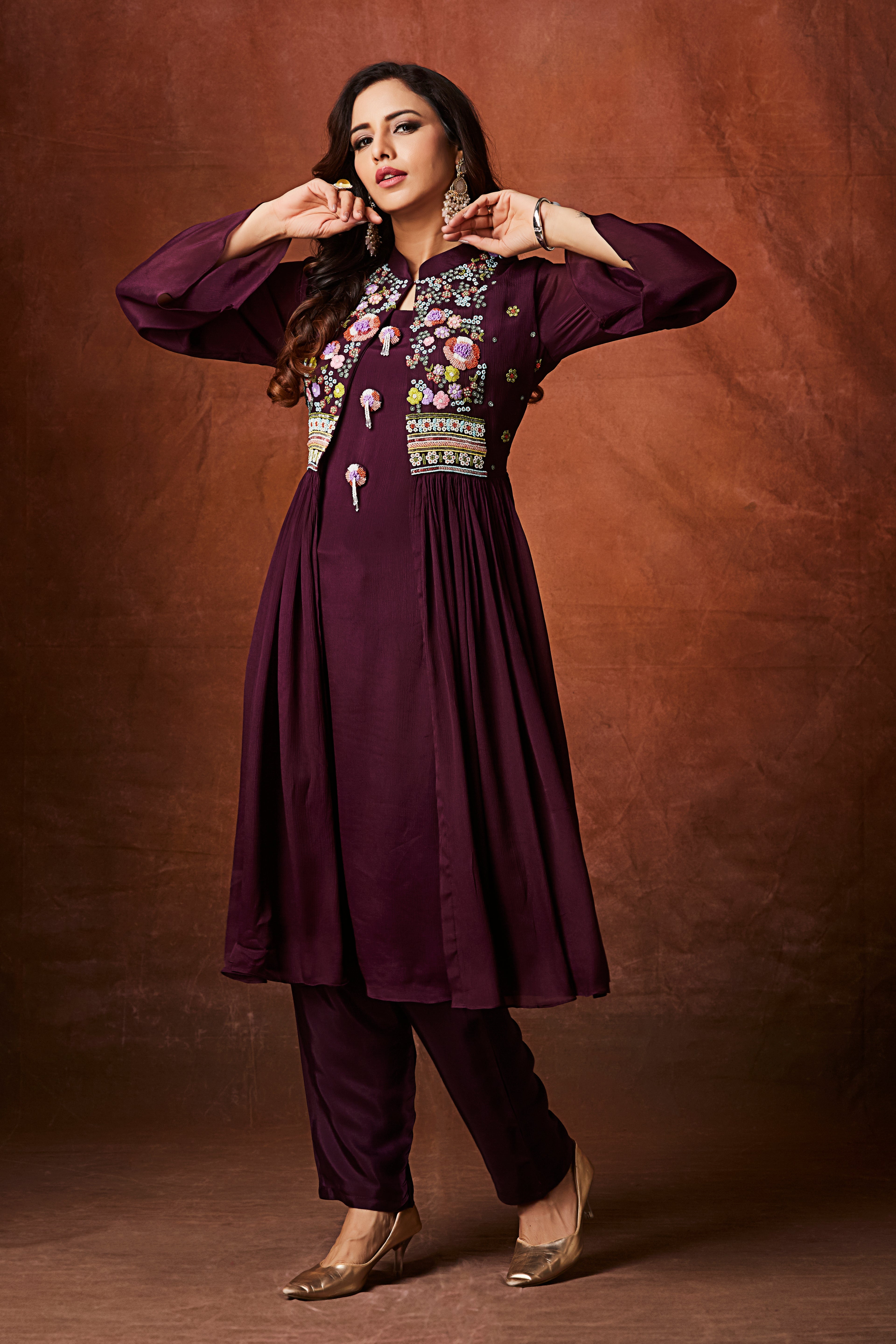 Deep Wine Embellished Chinon Silk Anarkali Set