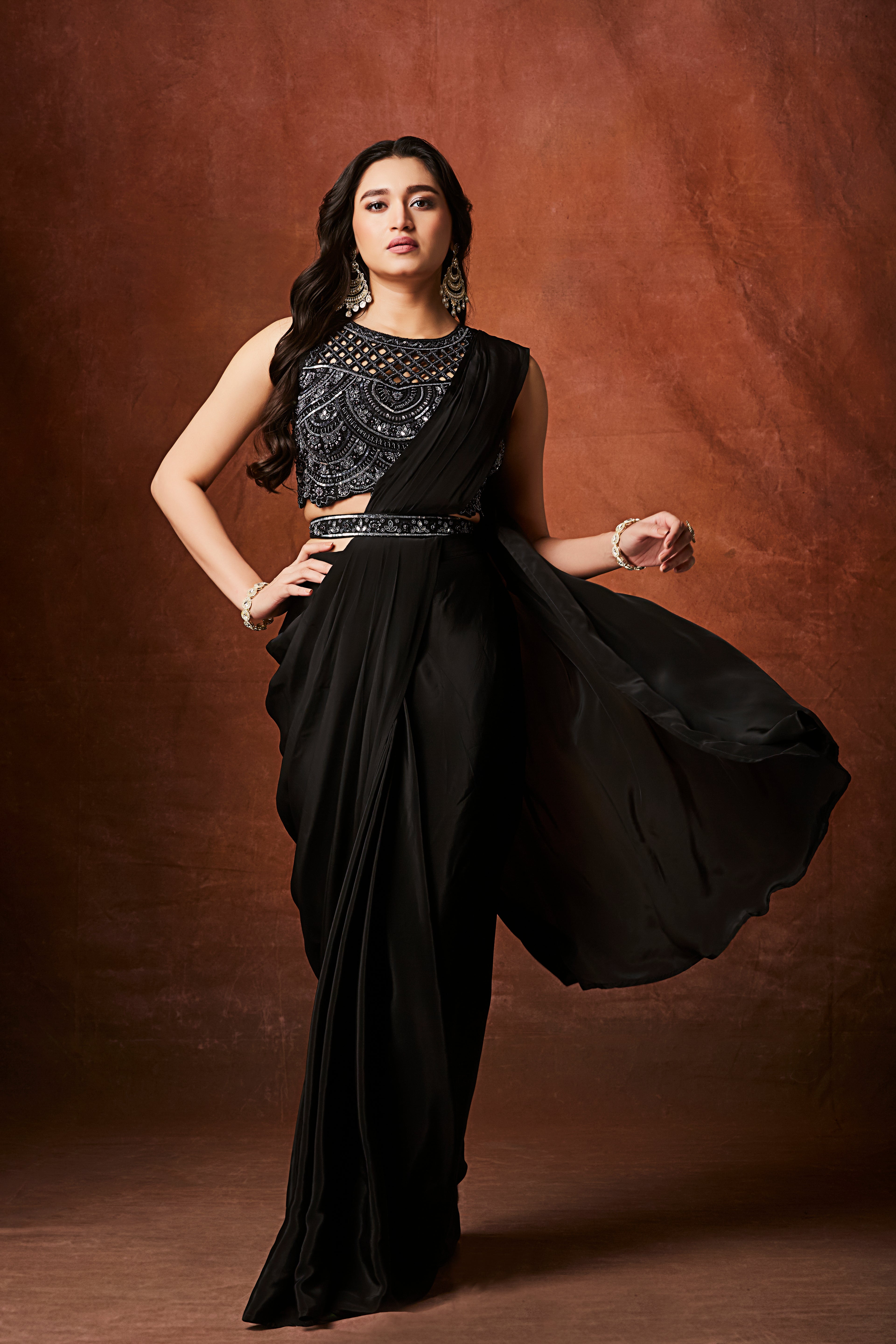 Coal Black Embellished Crepe Silk Drape Saree