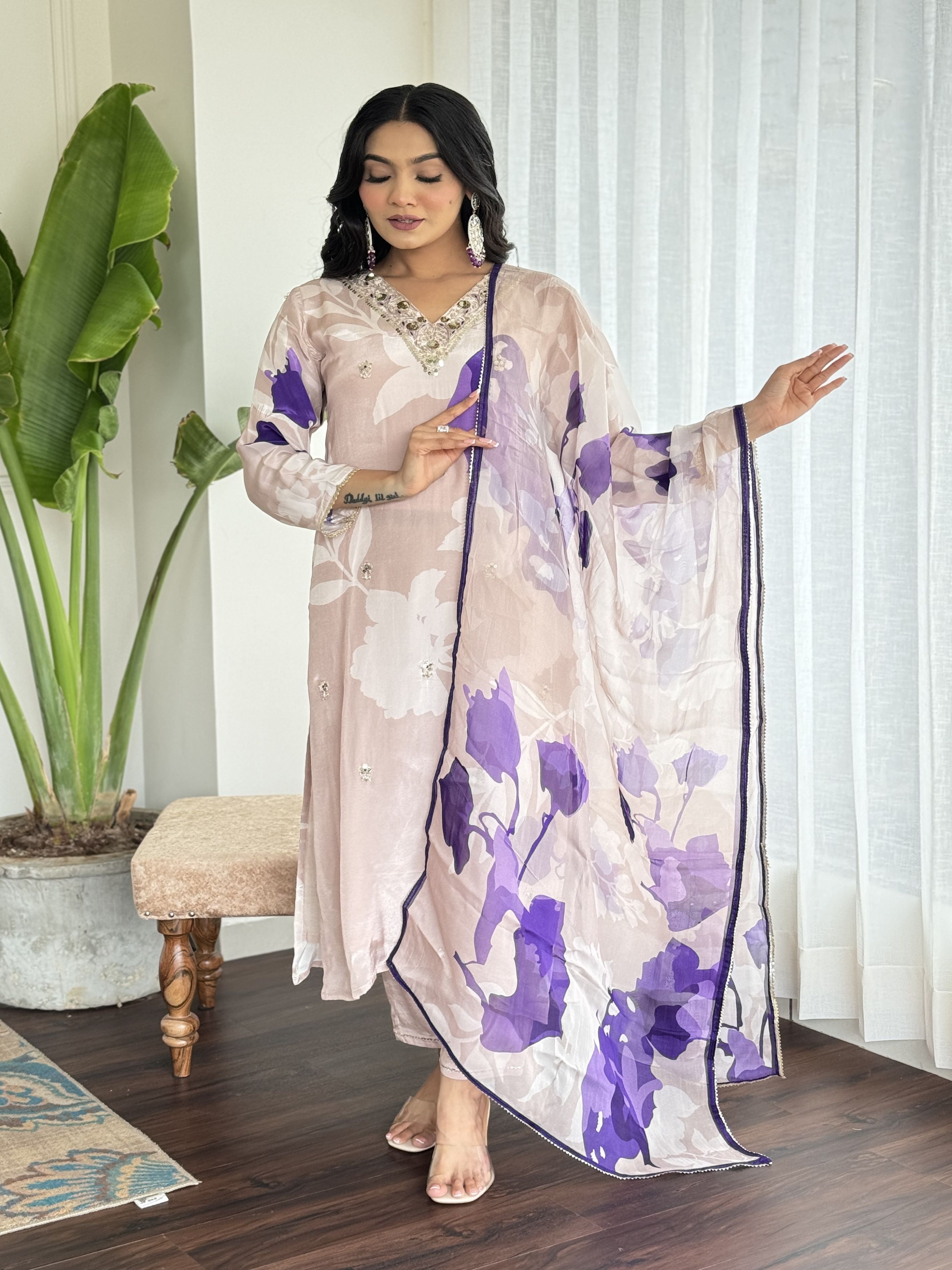 Purple Embellished Muslin Silk Kurta Pant Set