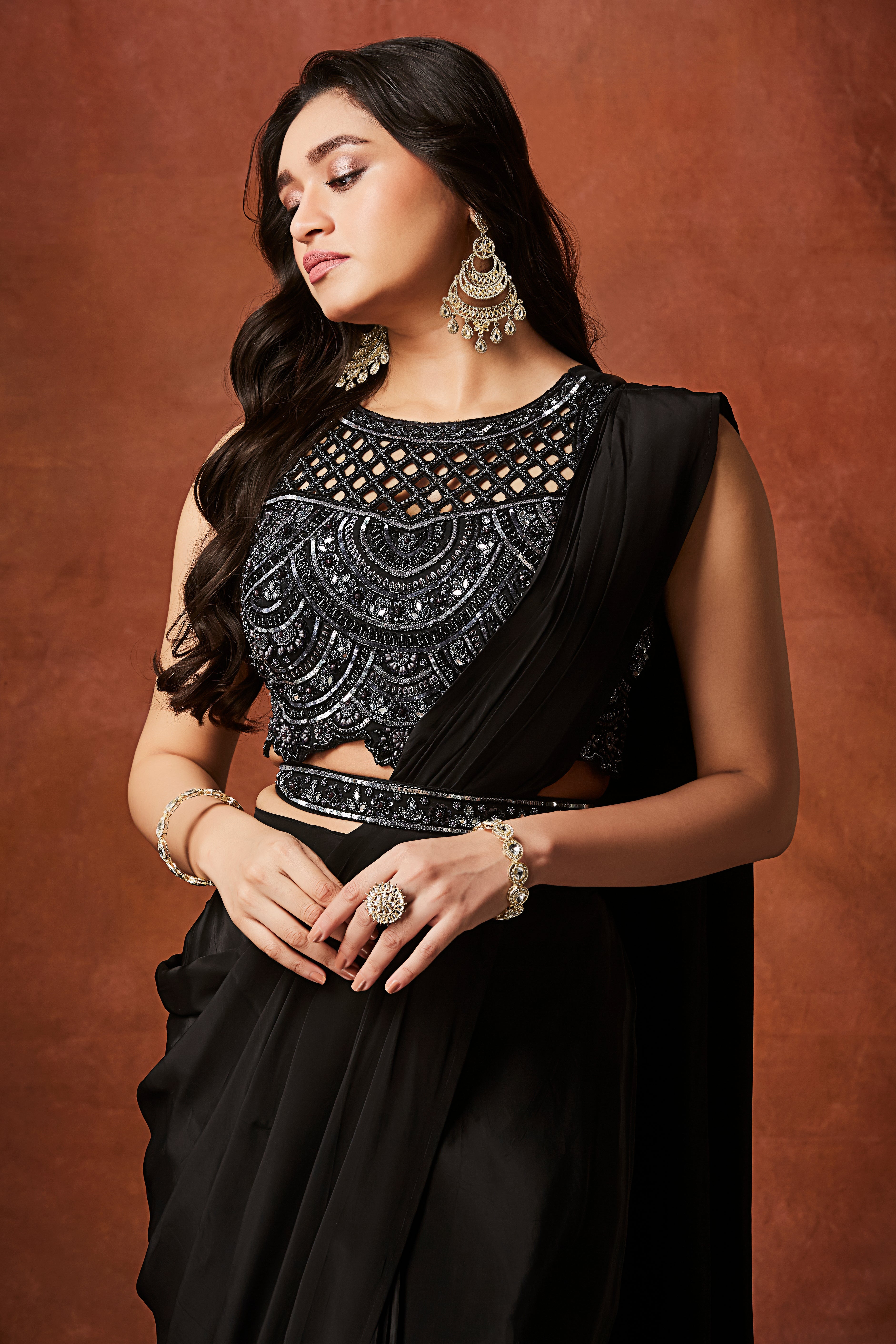 Coal Black Embellished Crepe Silk Drape Saree