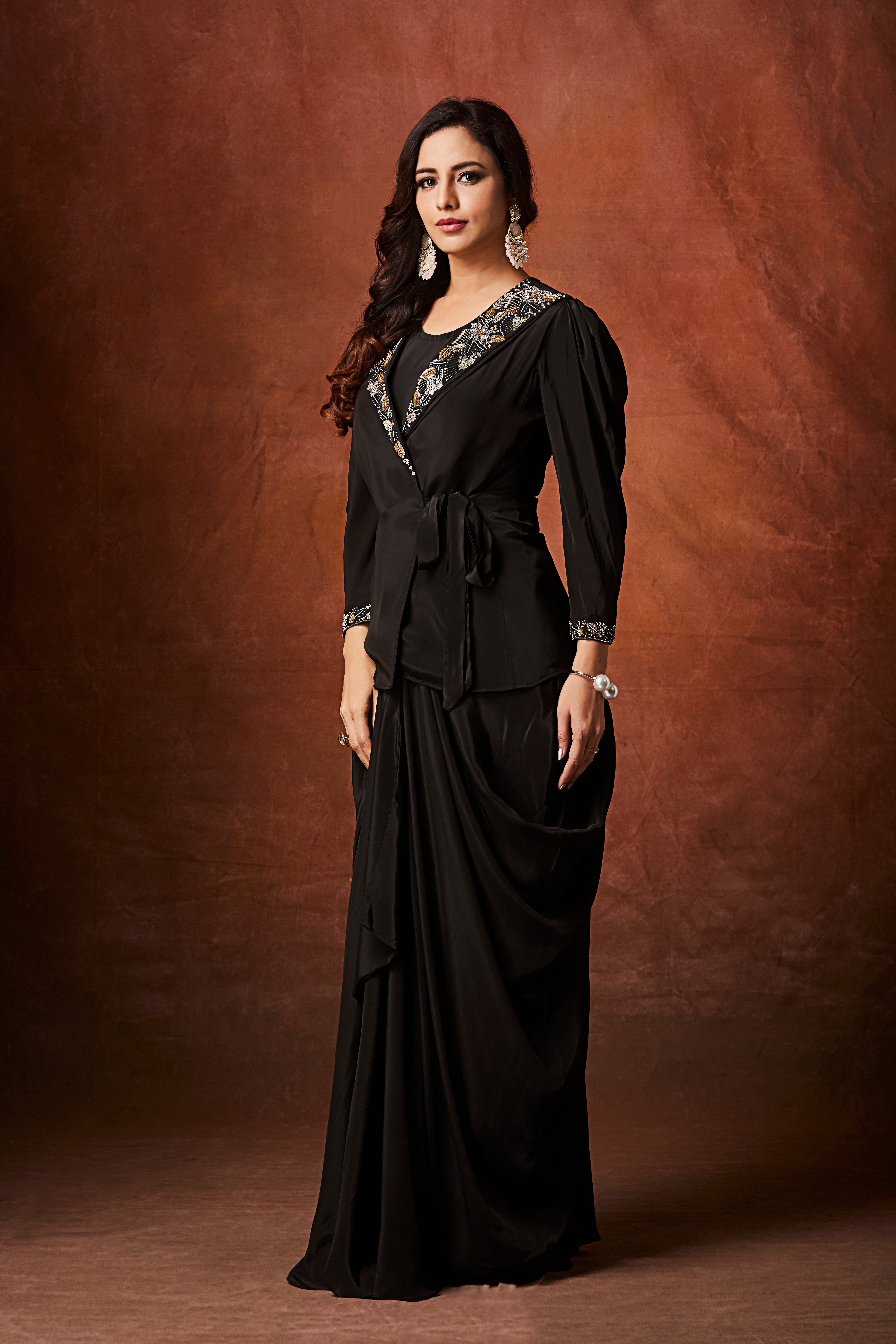 Coal Black Embellished Crepe Silk Skirt Set