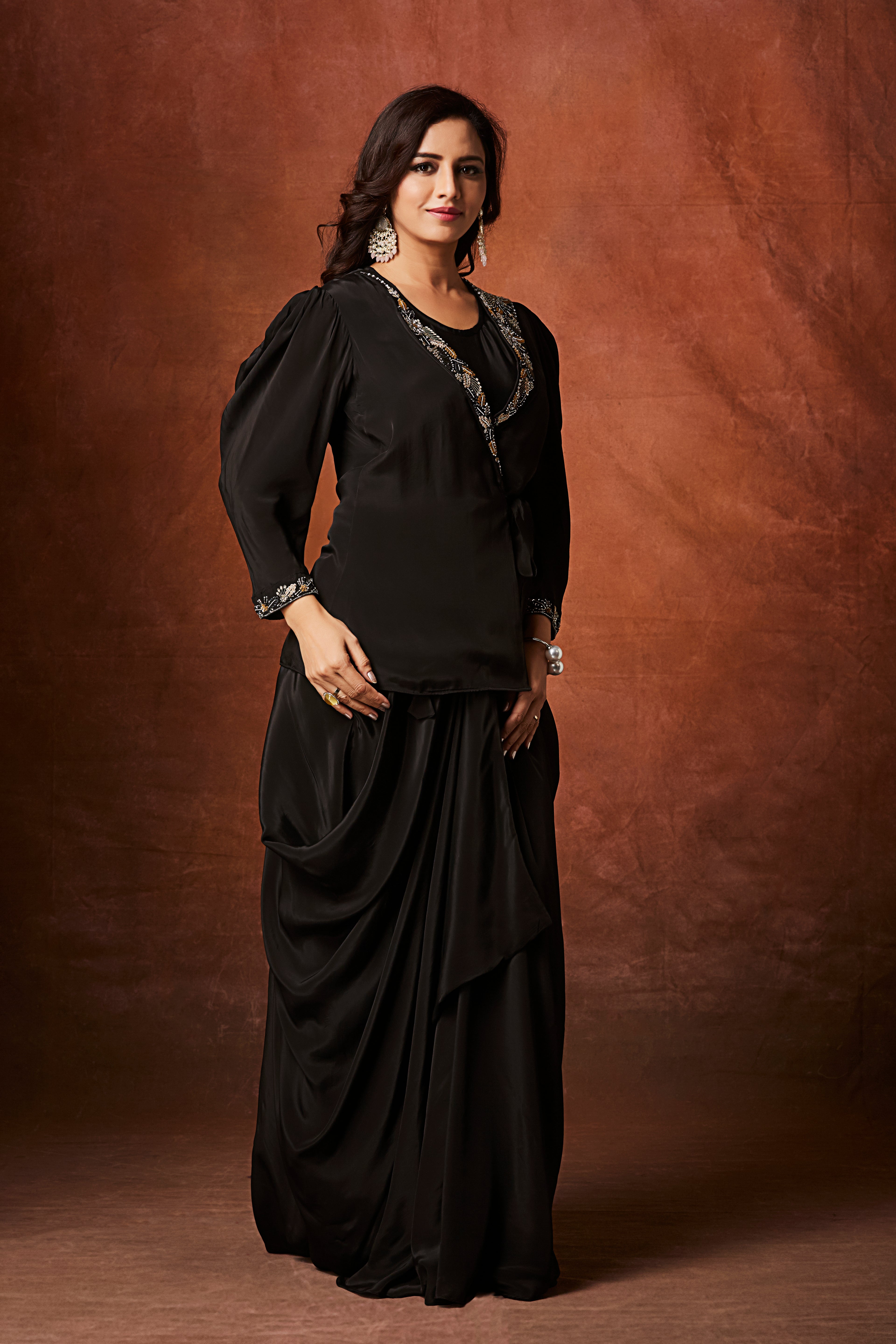 Coal Black Embellished Crepe Silk Skirt Set