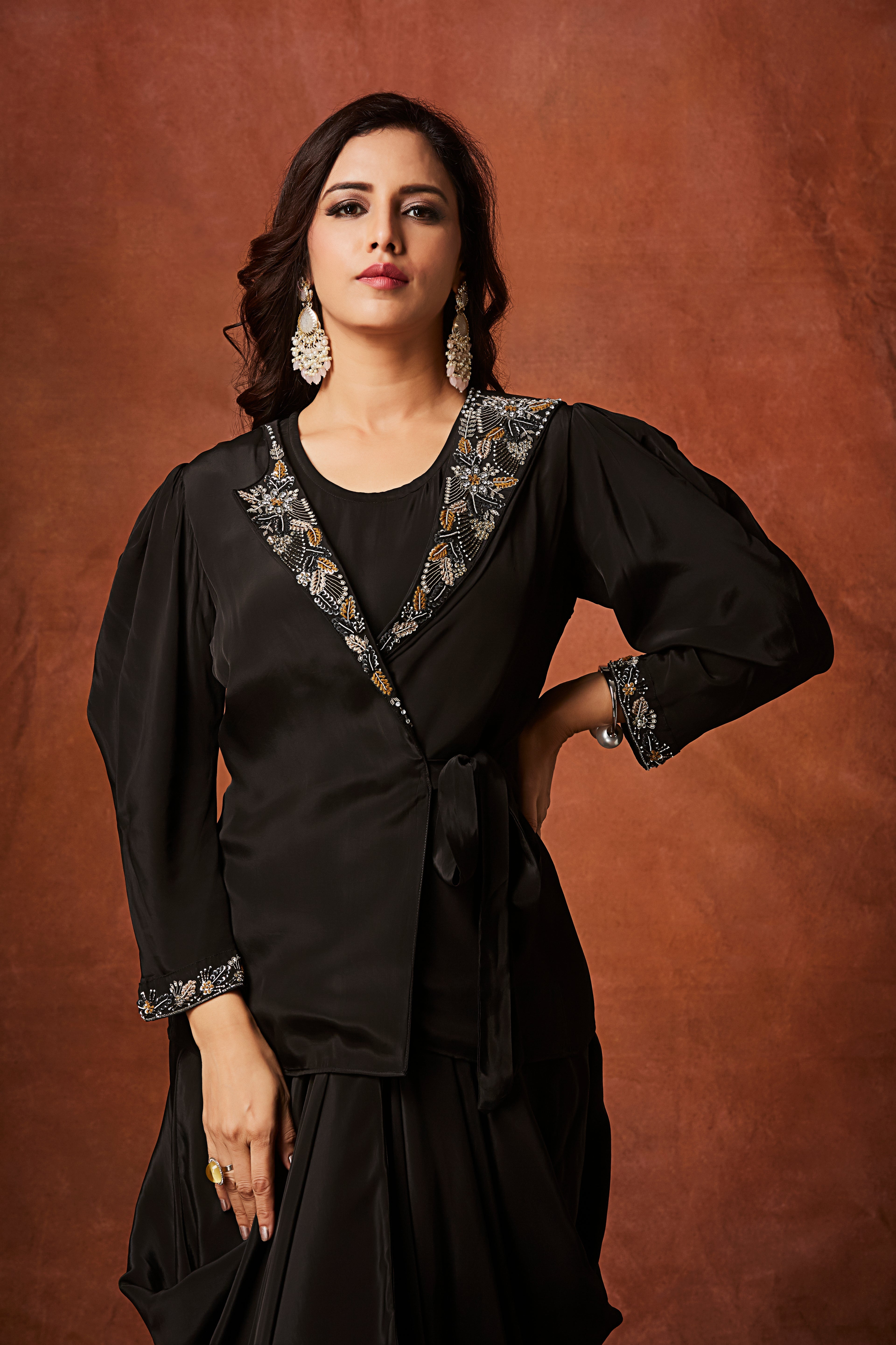 Coal Black Embellished Crepe Silk Skirt Set