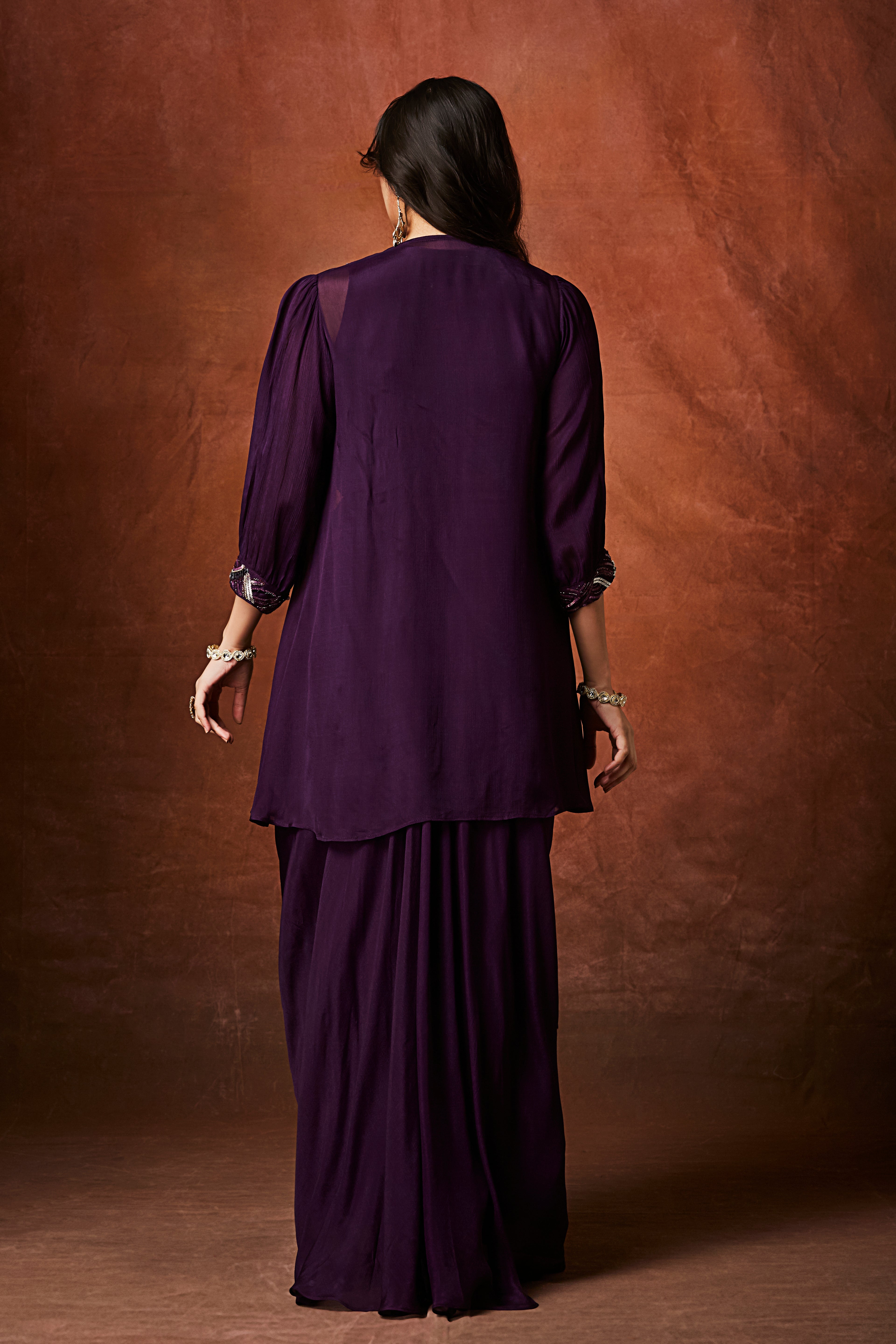 Deep Purple Embellished Chinon Silk Skirt Set