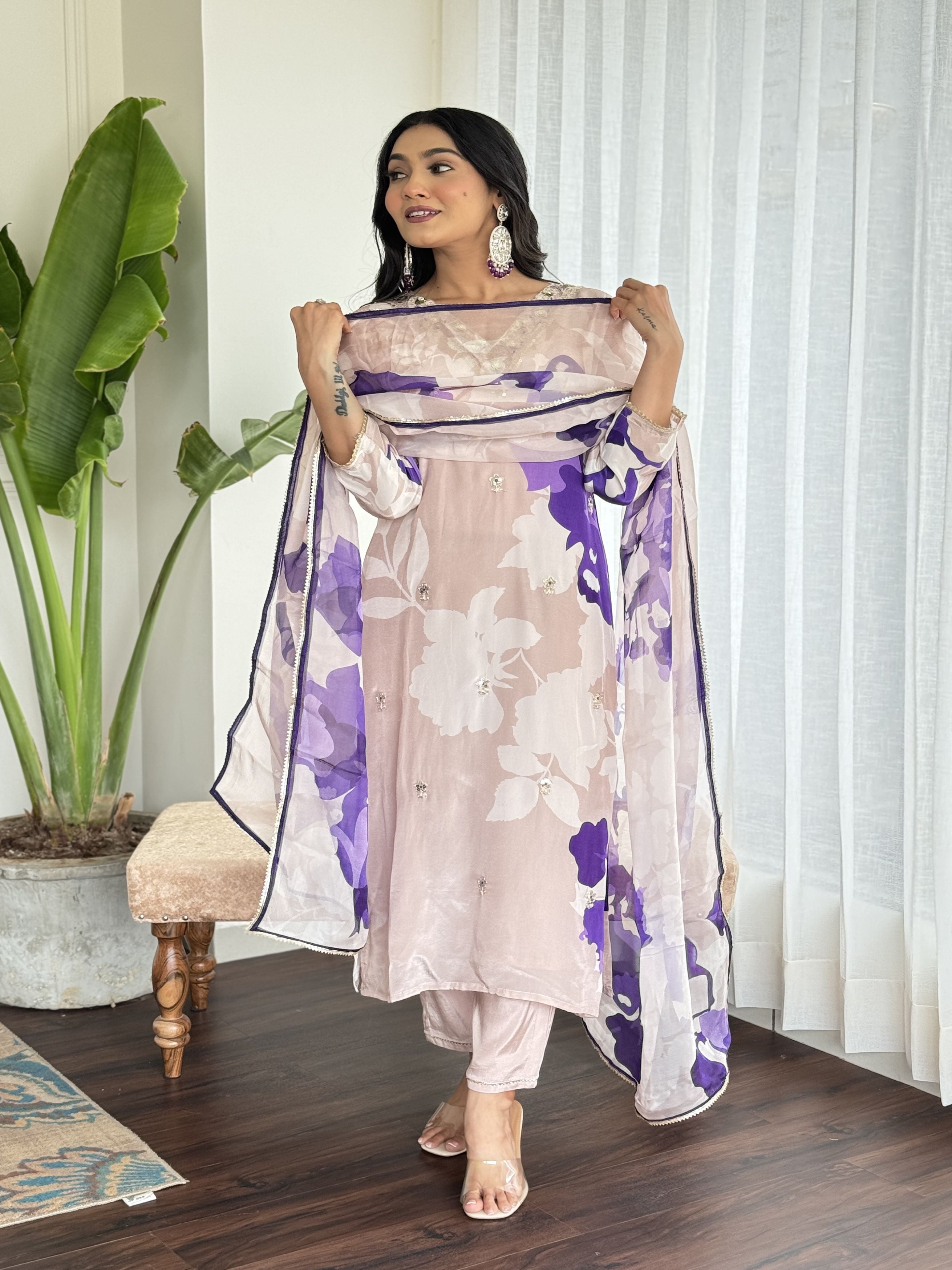 Purple Embellished Muslin Silk Kurta Pant Set