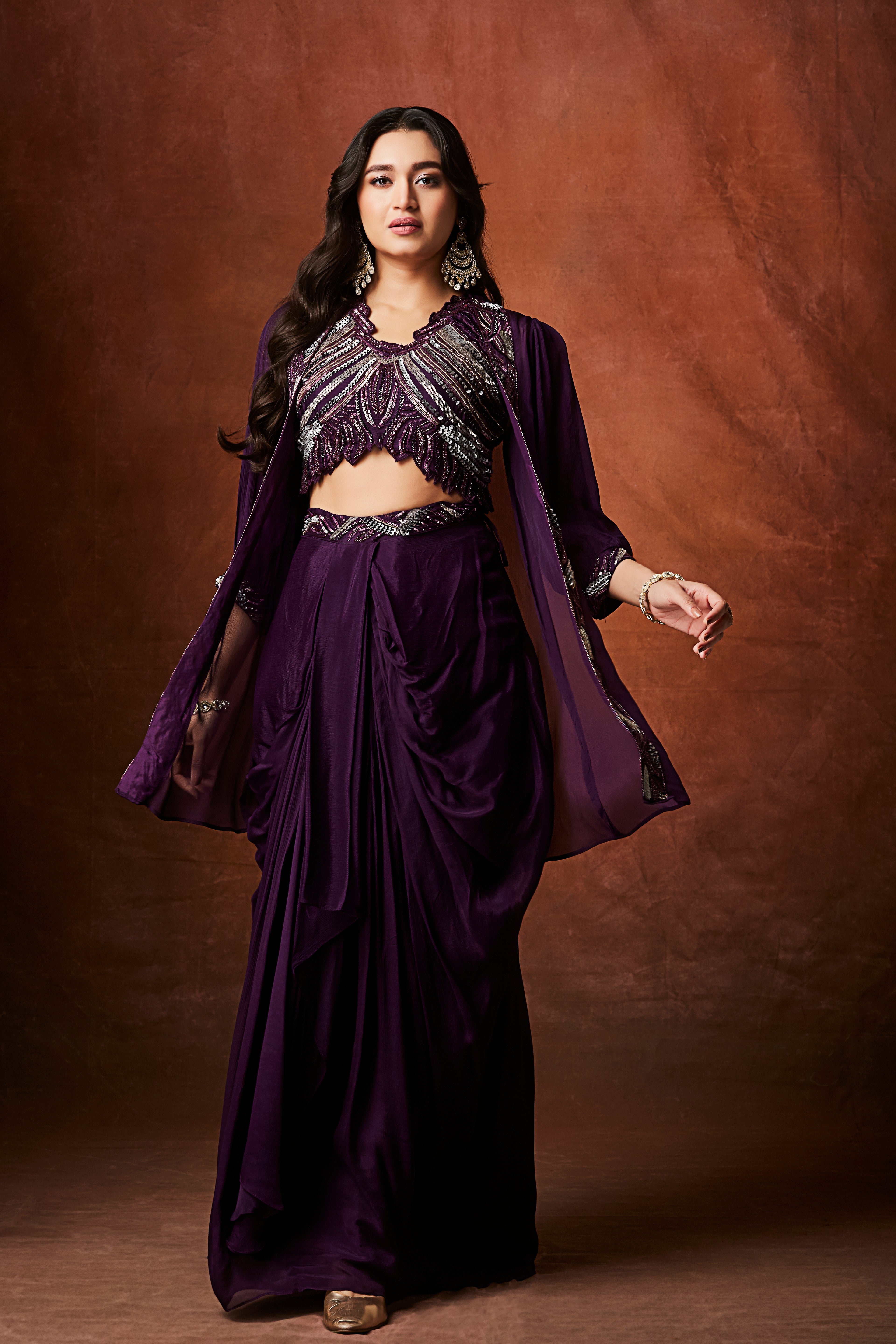 Deep Purple Embellished Chinon Silk Skirt Set